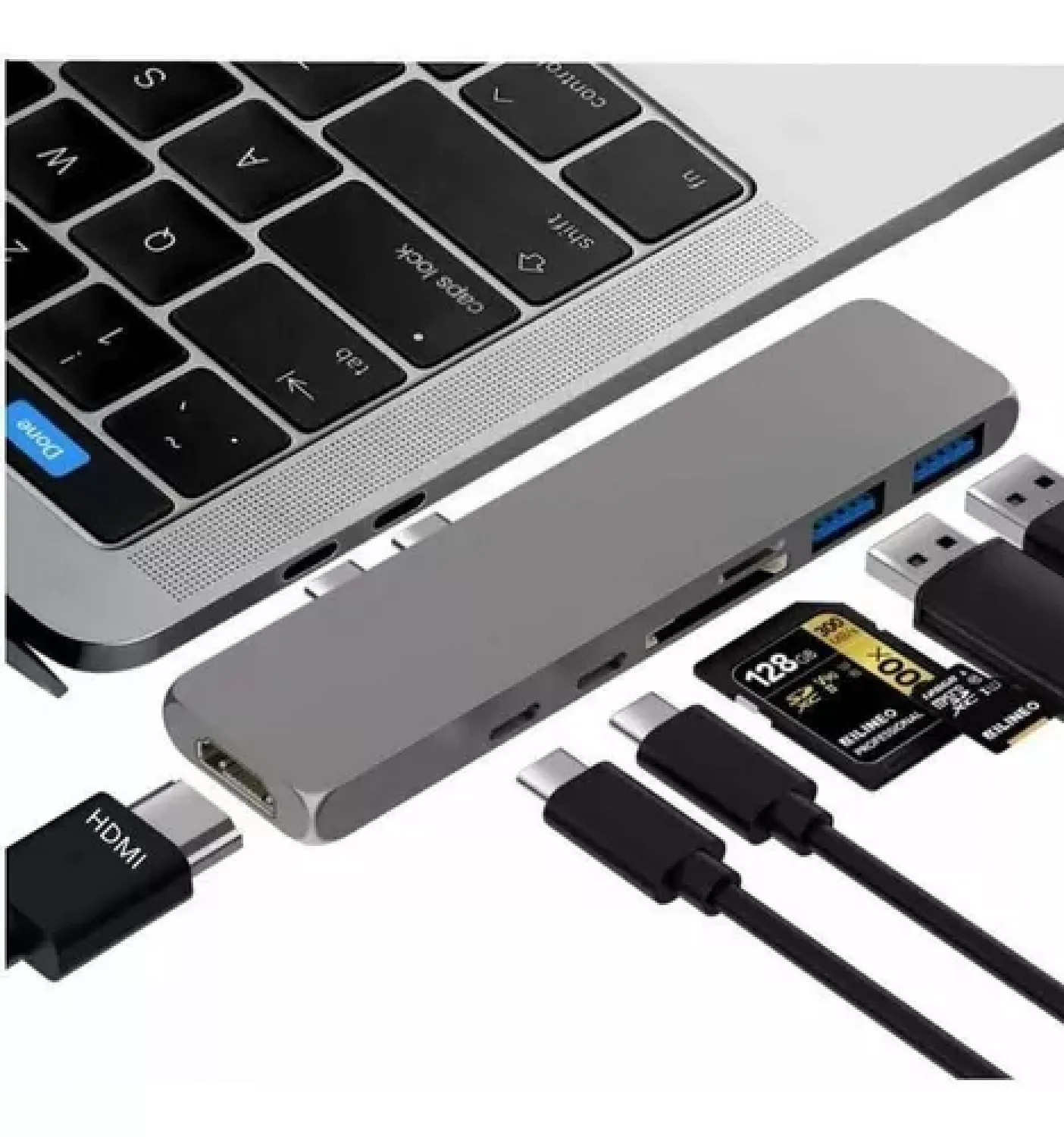 Grauer USB-C-Hub an Laptop angeschlossen, mit HDMI, USB-Sticks & SD-Karten.