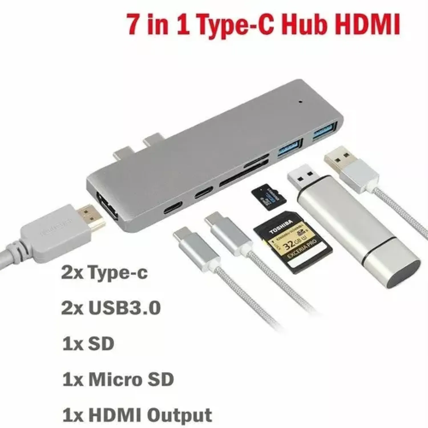 Grauer USB-C-Hub mit HDMI, 2x USB 3.0, 2x Typ-C, 1x SD, 1x Micro SD.
