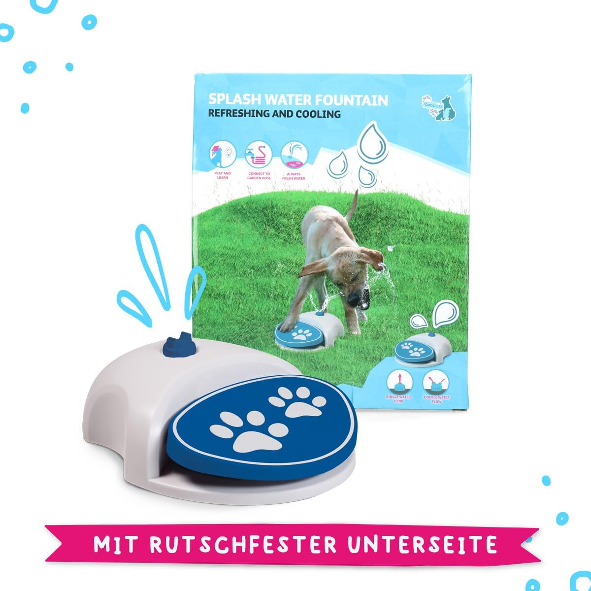 Hund spielt mit einem Wassersprühbrunnen mit Pfotenabdruck-Pedal.