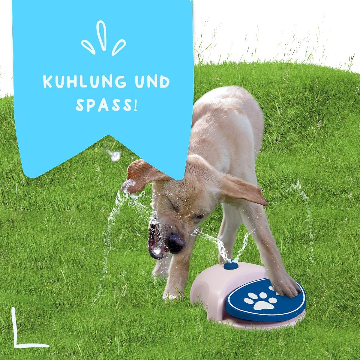 Ein Hund spielt mit einem Wassersprinkler im Gras.