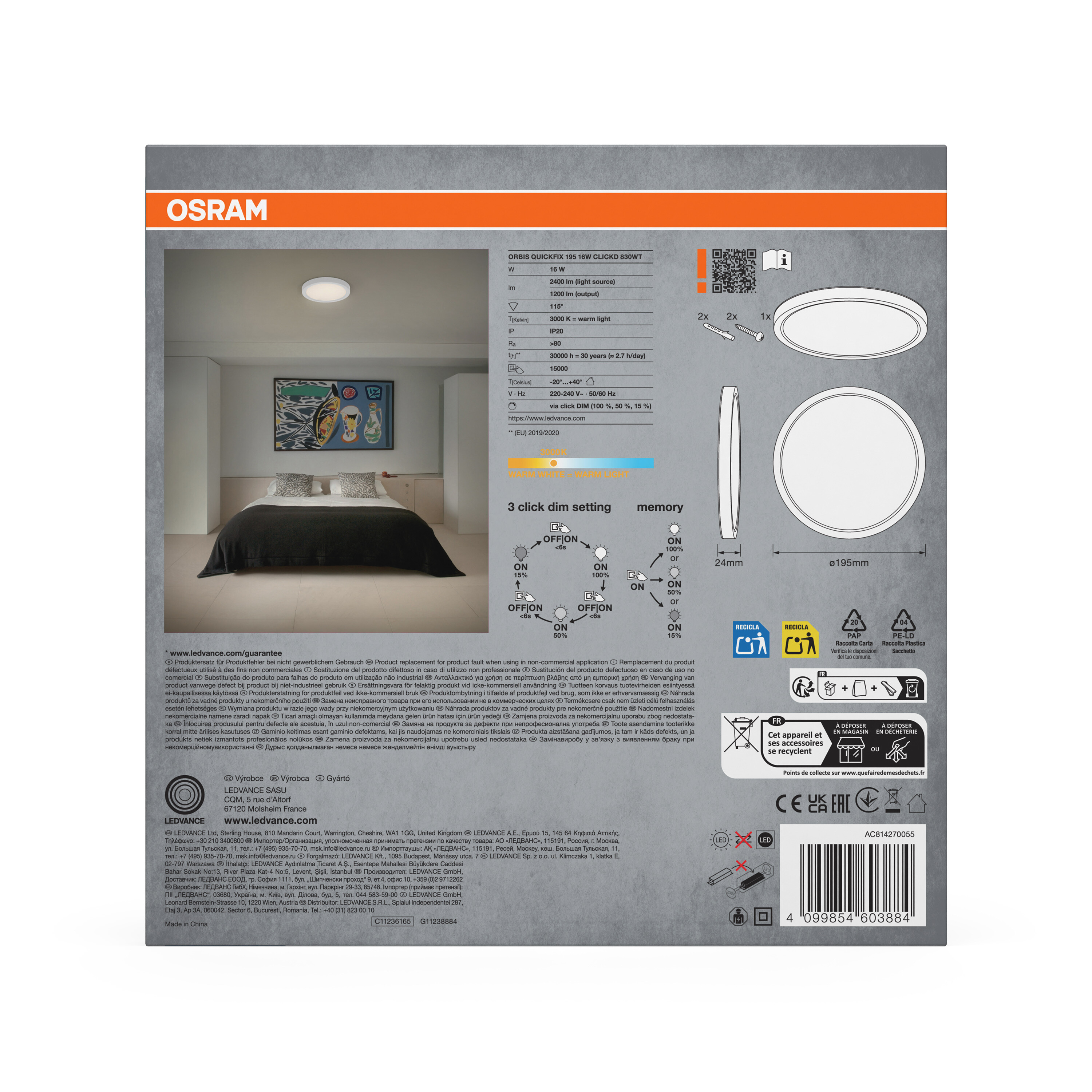 OSRAM Deckenleuchte mit technischen Daten und Montageanleitung.