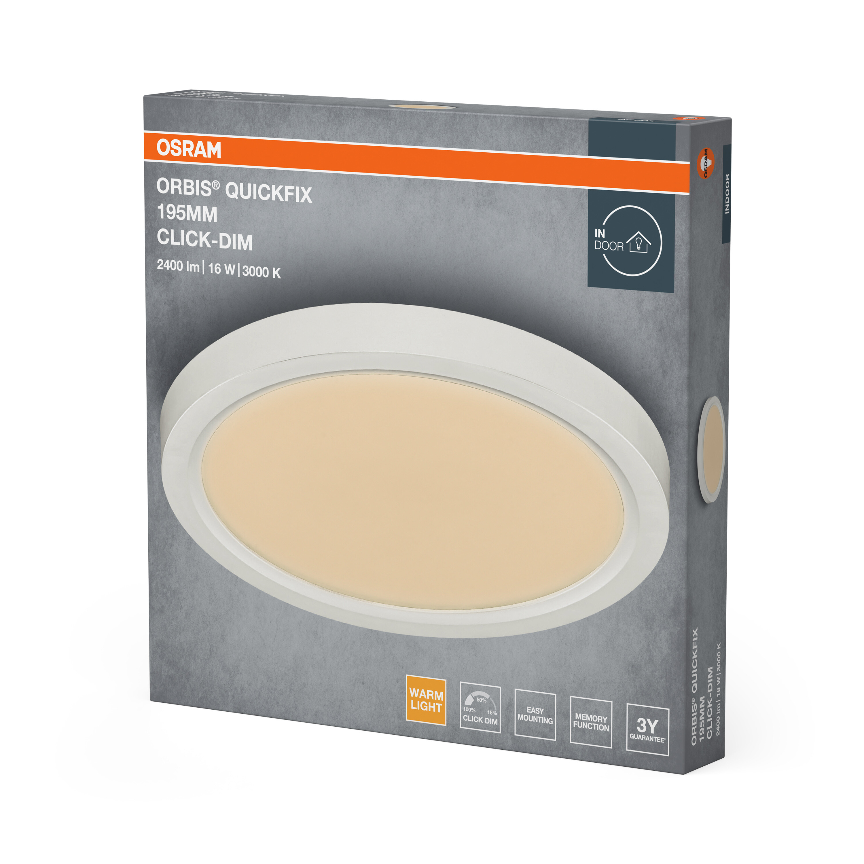 Verpackung der Osram Orbis Quickfix 195mm Deckenleuchte mit warmem Licht.