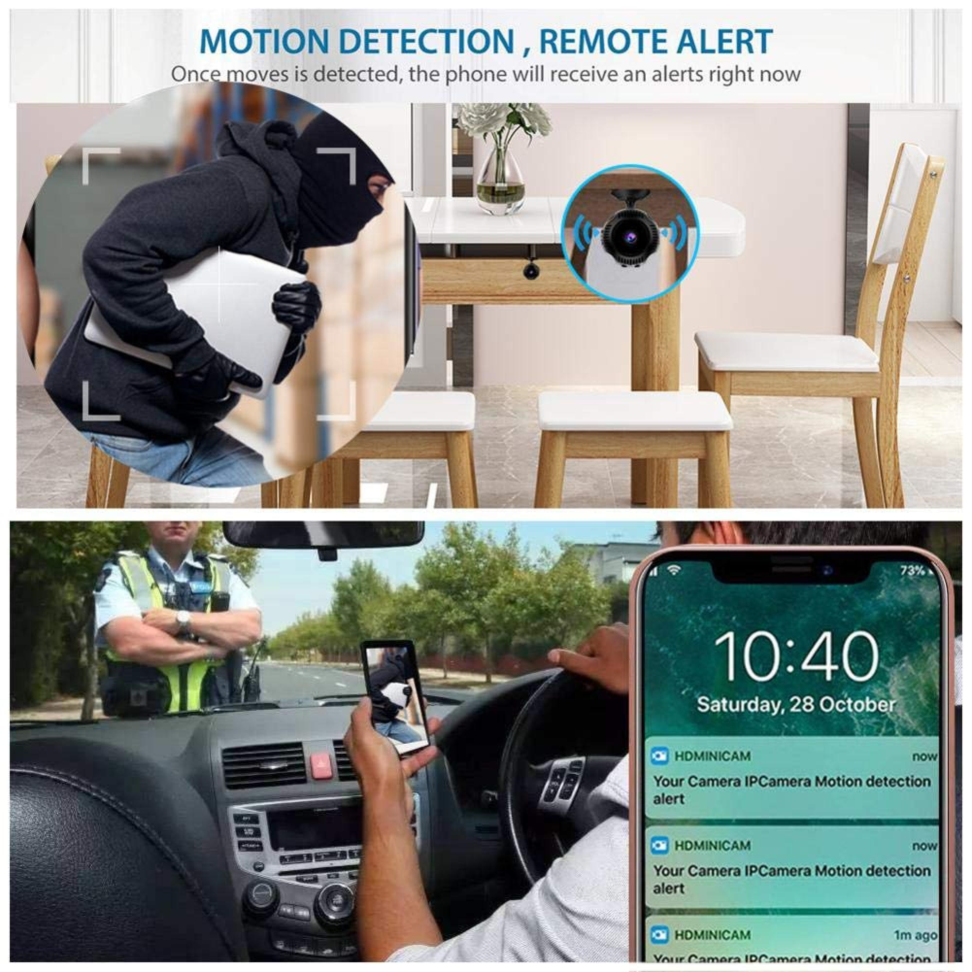 Ein Dieb stiehlt einen Laptop, während ein Polizist und ein Fahrer mit Handy-Alarm gezeigt werden.