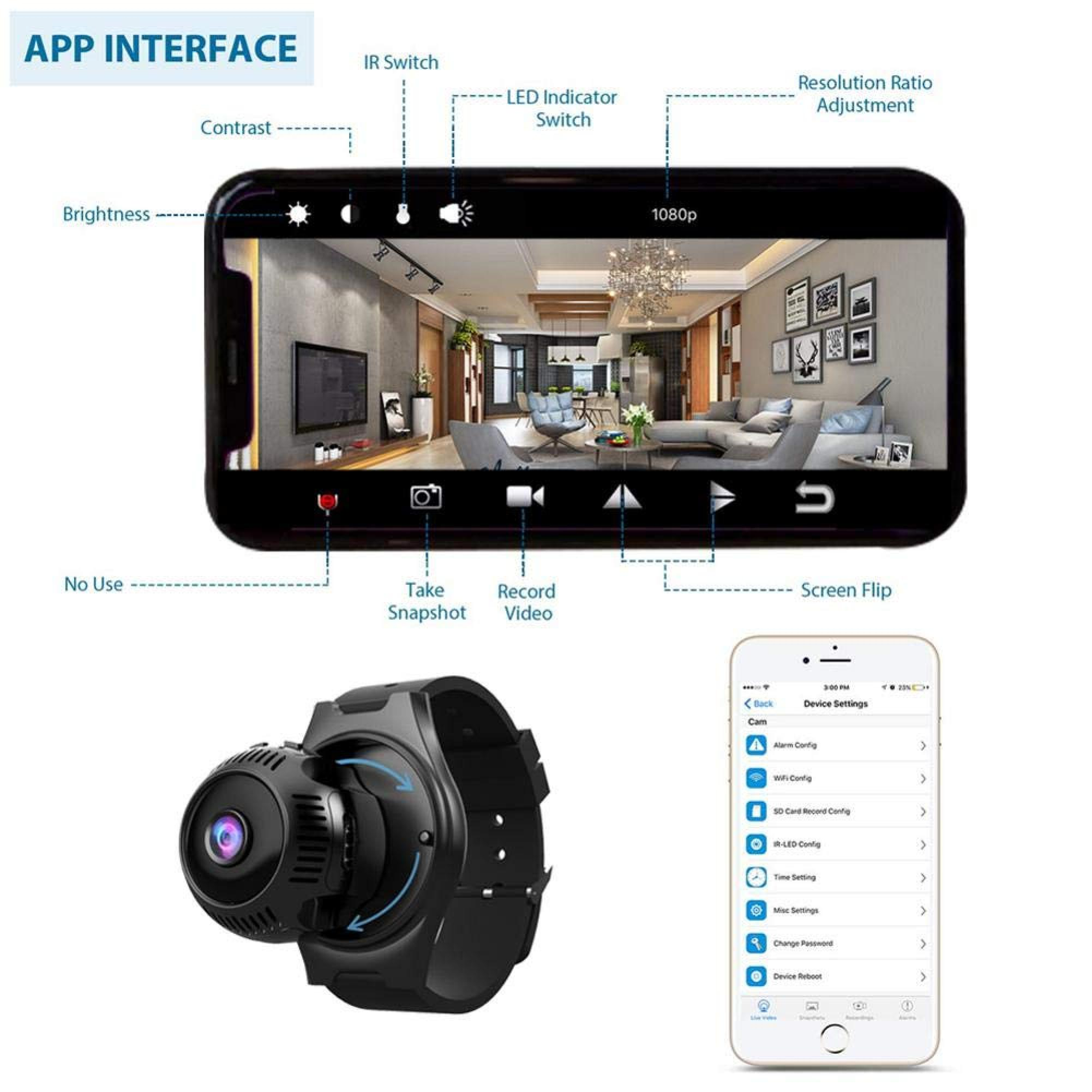 Smartwatch-Kamera mit App-Interface und Geräteeinstellungen auf dem Smartphone.