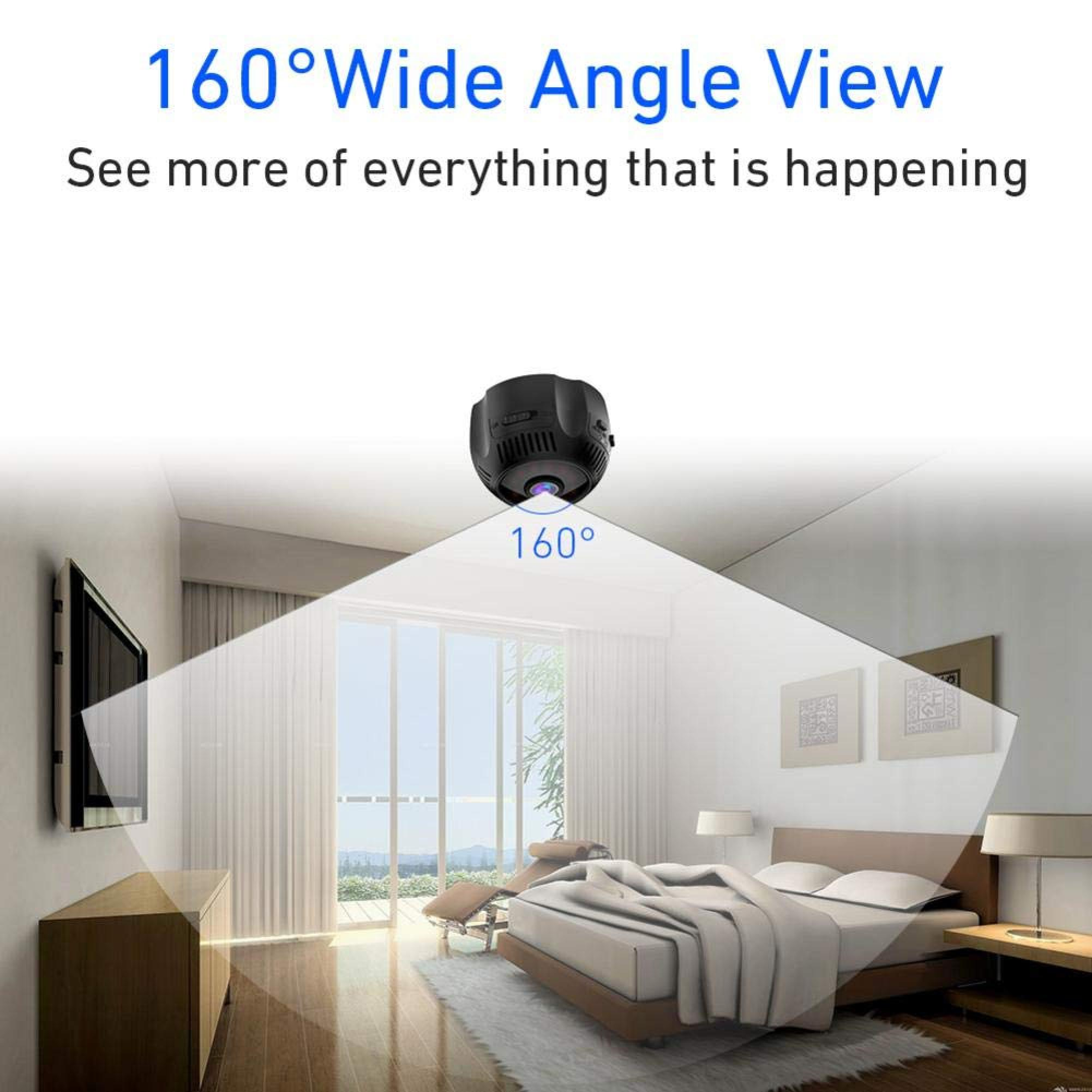 Schwarze Kamera an Decke, 160° Weitwinkelblick über ein Schlafzimmer mit Bett.