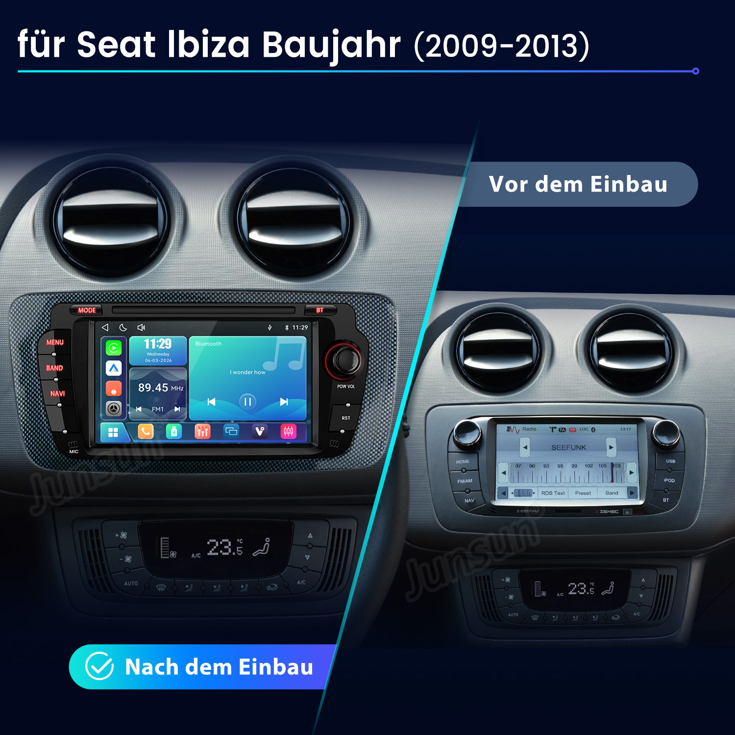 Vorher/Nachher Vergleich eines Seat Ibiza Autoradios mit Klimasteuerung.