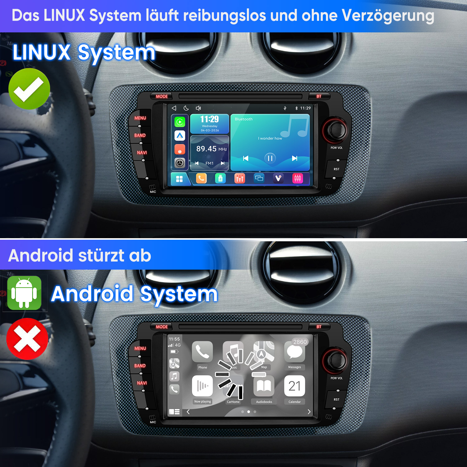Auto-Infotainmentsysteme: Linux läuft gut, Android stürzt ab. Mit Icons.
