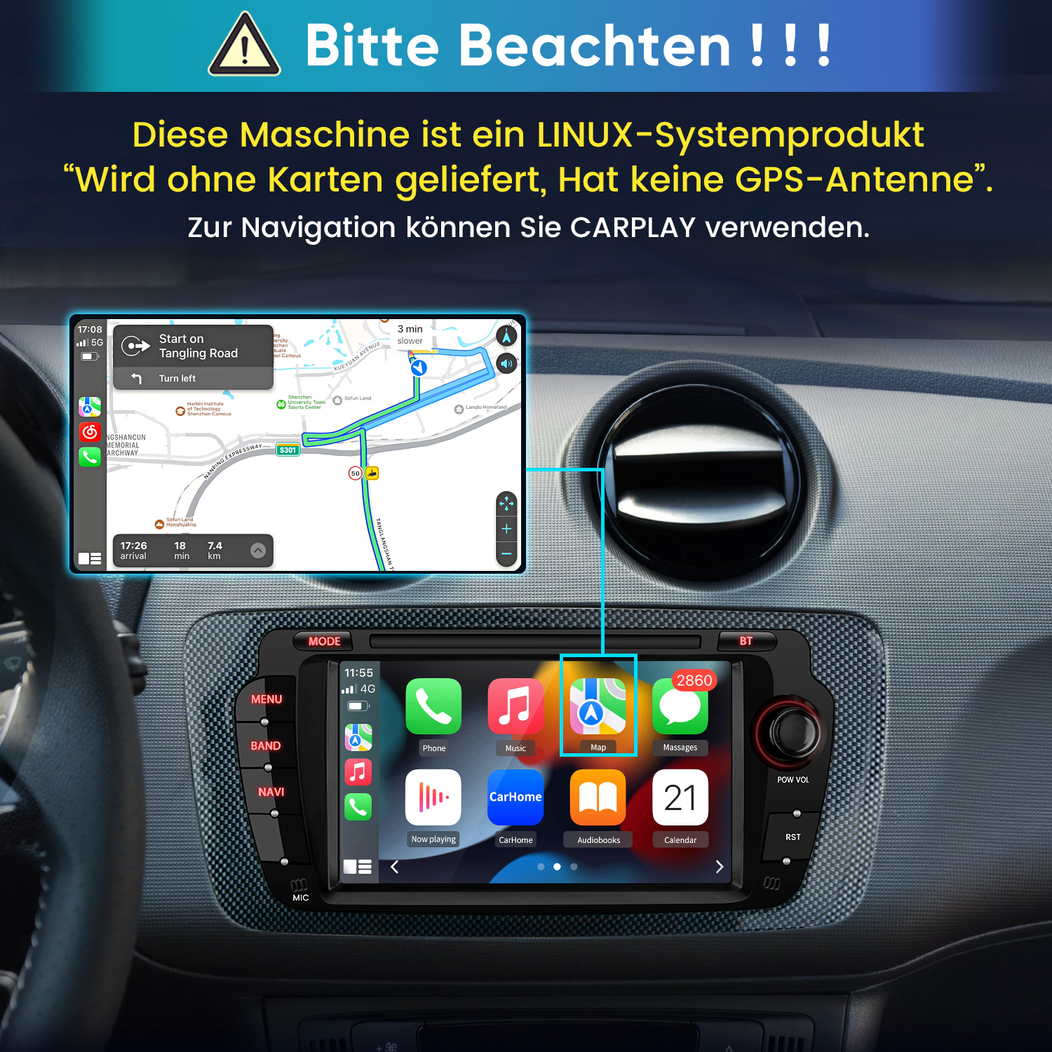 Autoinnenraum mit Navigationssystem und Smartphone-Integration. Warnhinweis oben.