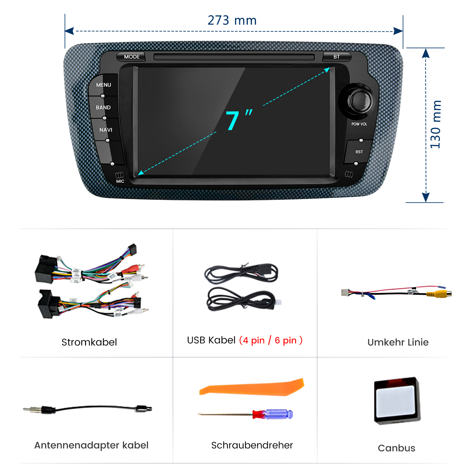 Ein Autoradio mit 7-Zoll-Bildschirm und Zubehör: Kabel, Schraubendreher, Canbus.