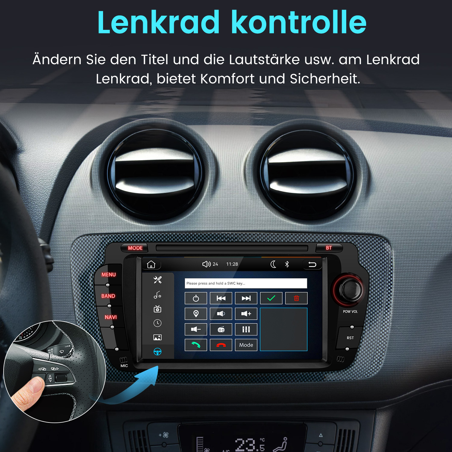 Lenkradsteuerung: Ein Finger drückt eine Taste am Lenkrad eines Autos.