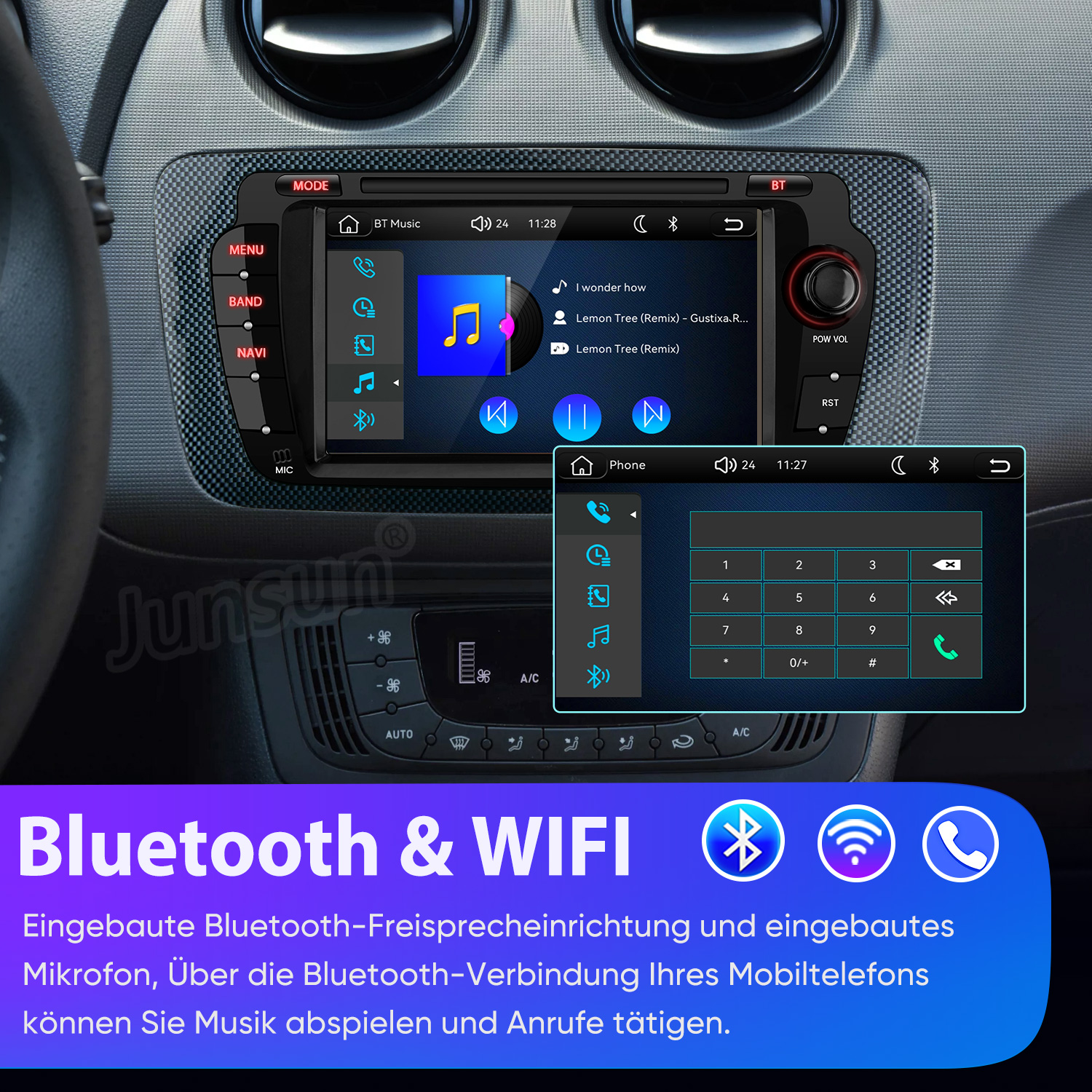 Auto-Infotainmentsystem mit Touchscreen, zeigt Musik, Telefon und Einstellungen.