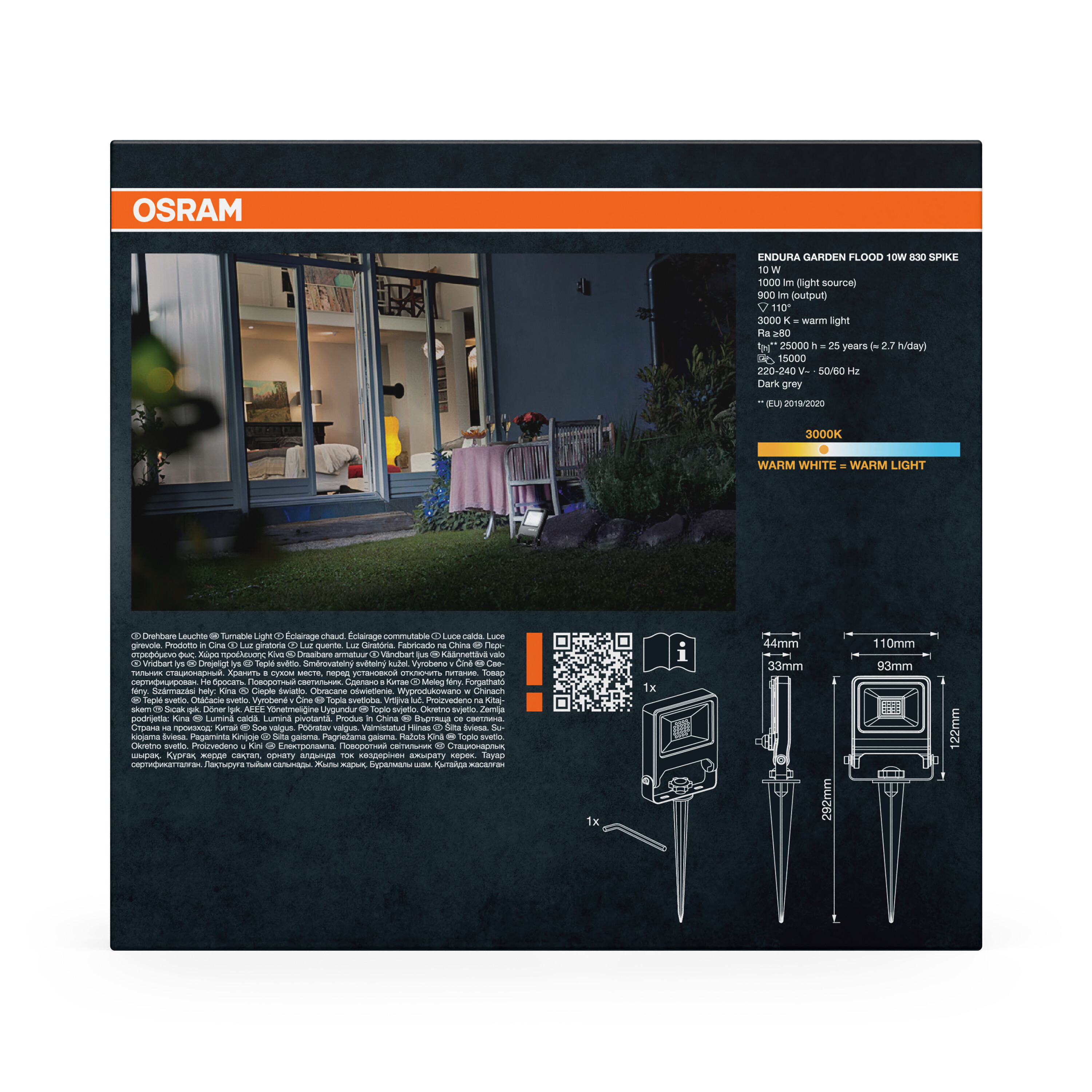 OSRAM GARDEN FLOOD 10W mit Maßen und Spezifikationen.