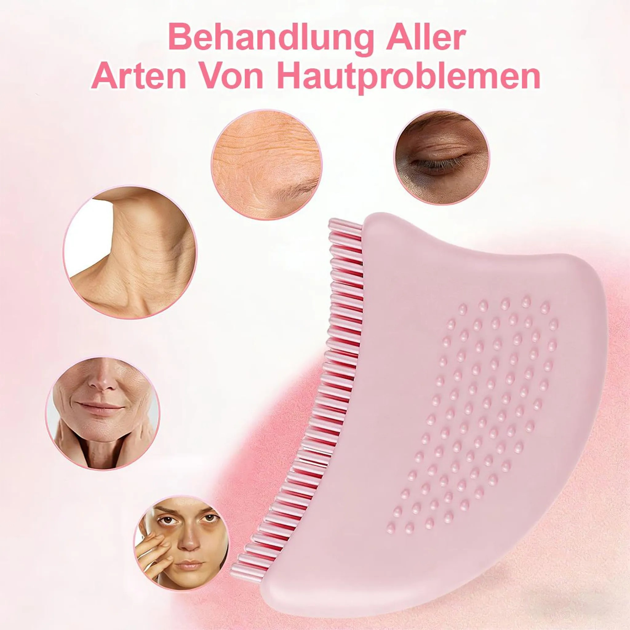 Rosa Hautpflegegerät mit Nahaufnahmen von Hautproblemen wie Falten.