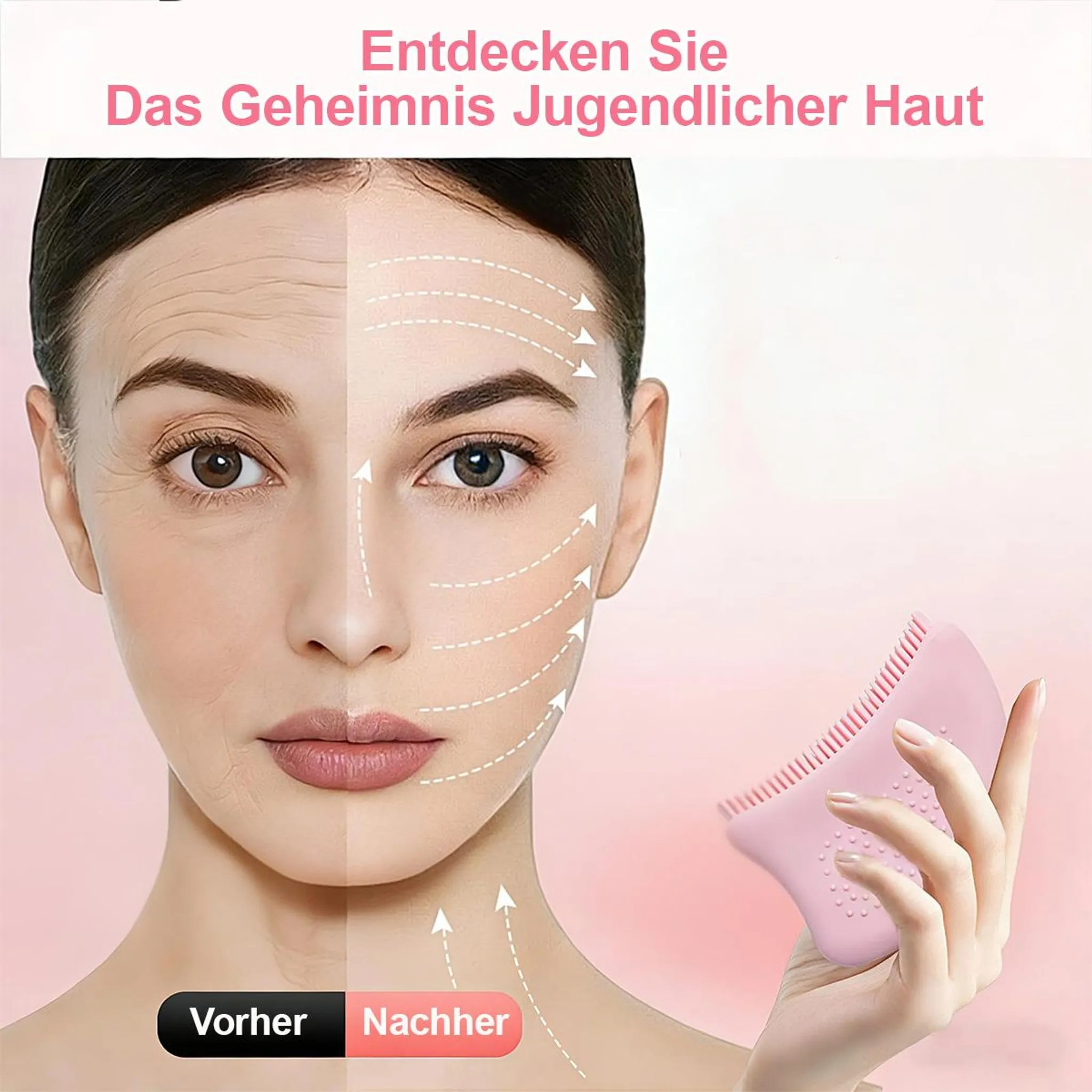 Vorher-Nachher-Gesicht mit Falten und glatter Haut, gehaltenes rosafarbenes Massagegerät.