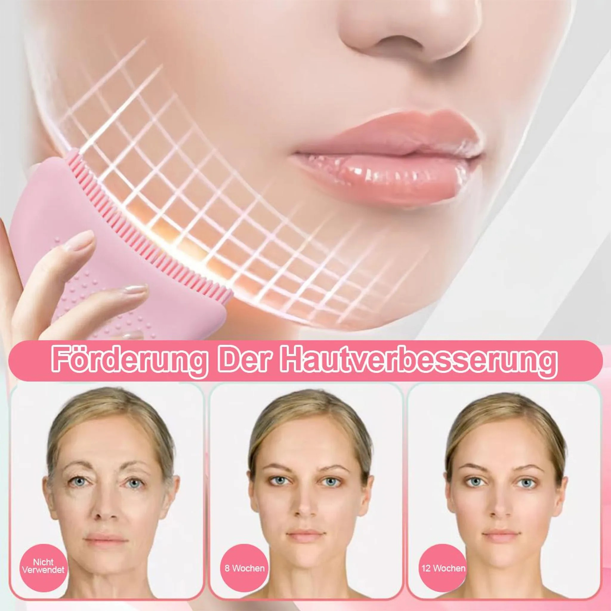Vorher-Nachher-Vergleich von Hautbehandlungen mit einem Pink-Tool.