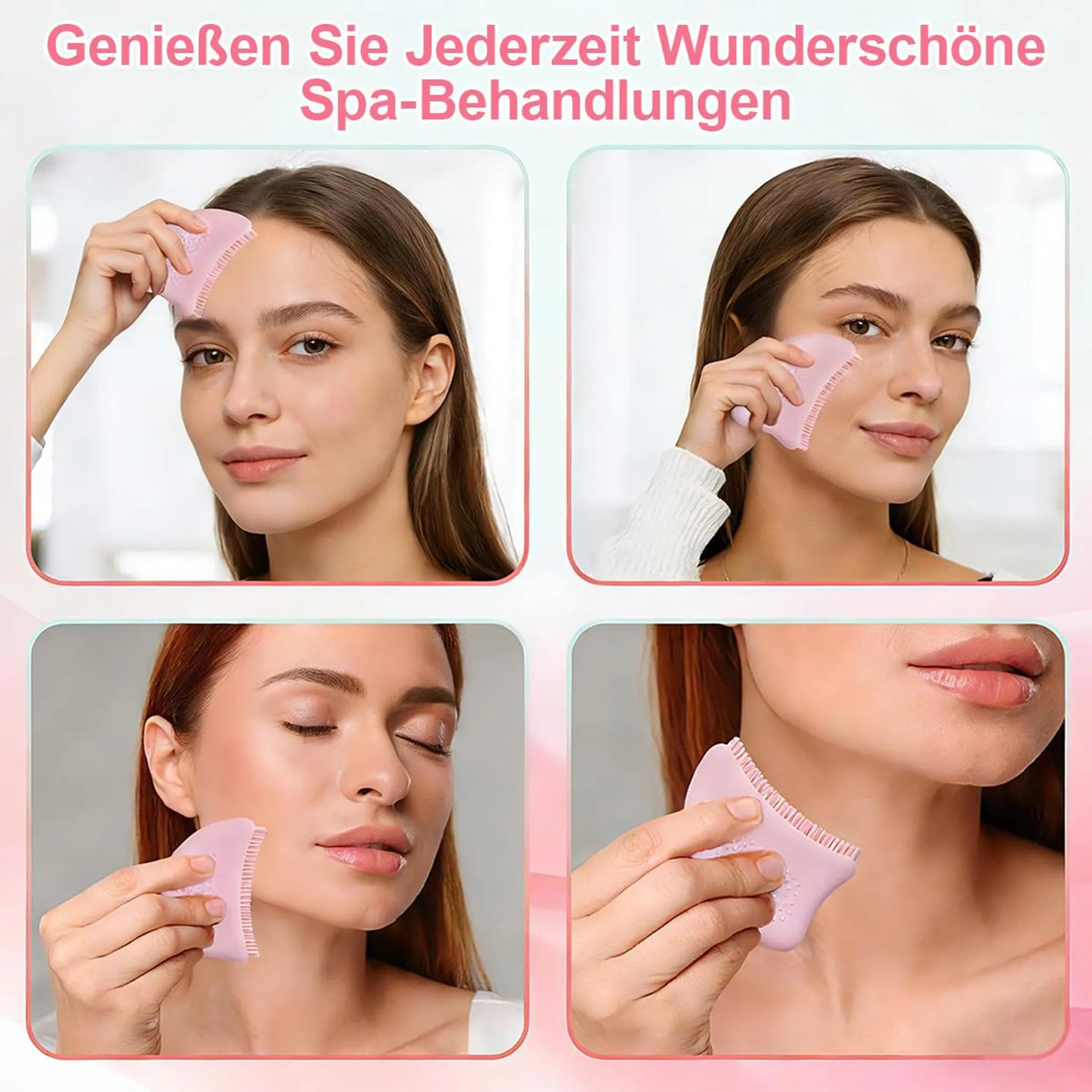 Vier Bilder von Frauen, die eine rosafarbene Massagekamm-Hautpflege verwenden.