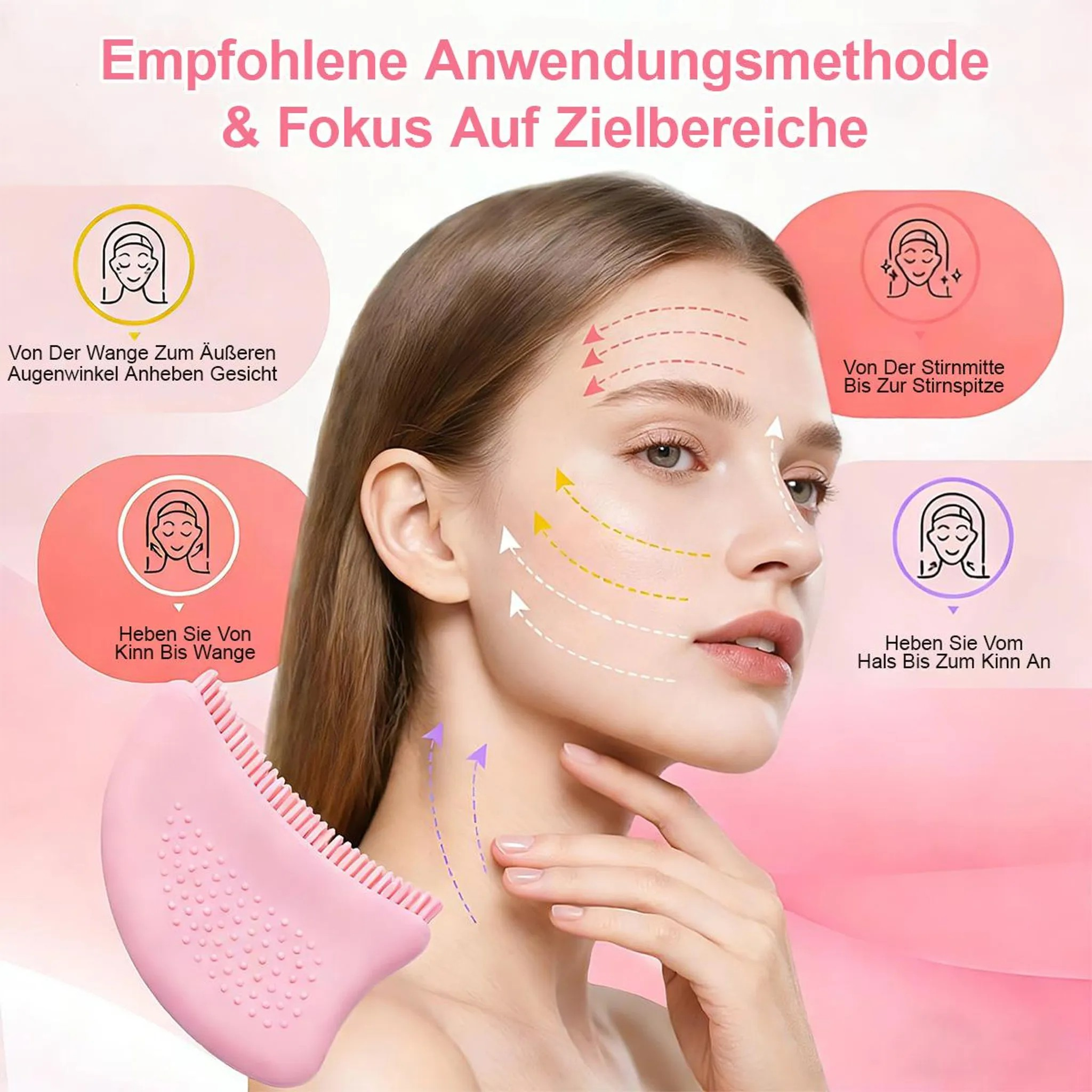 Eine Frau mit einem rosa Massagegerät für das Gesicht, das die Anwendung zeigt.