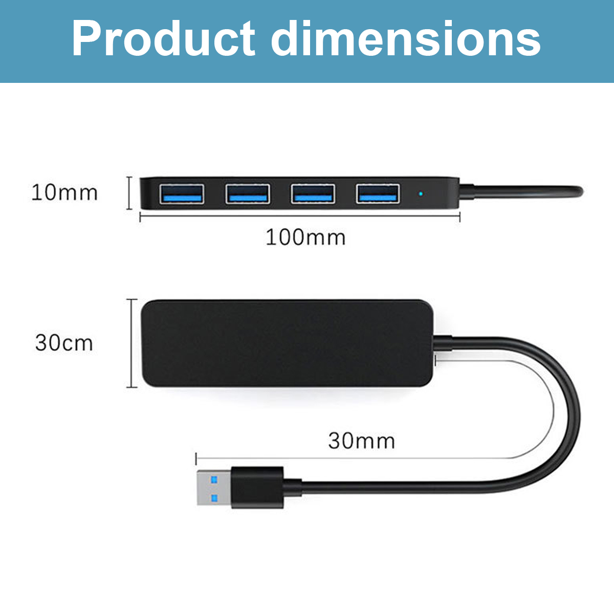 Schwarzer USB-Hub mit 4 Anschlüssen, 100 mm lang, 10 mm dick.