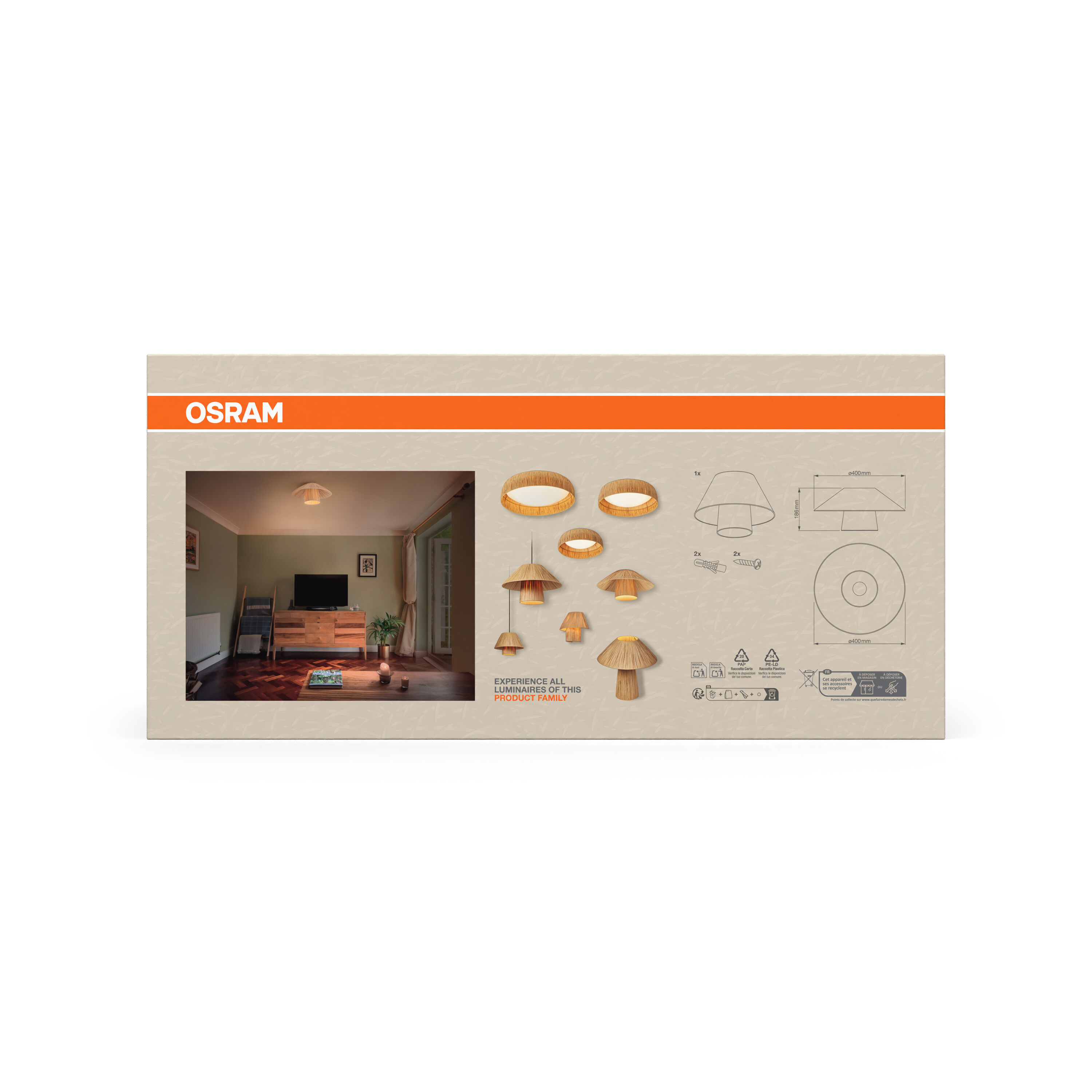 OSRAM-Verpackung mit Wohnzimmerbild und Lampenmodellen. Technische Zeichnung daneben.