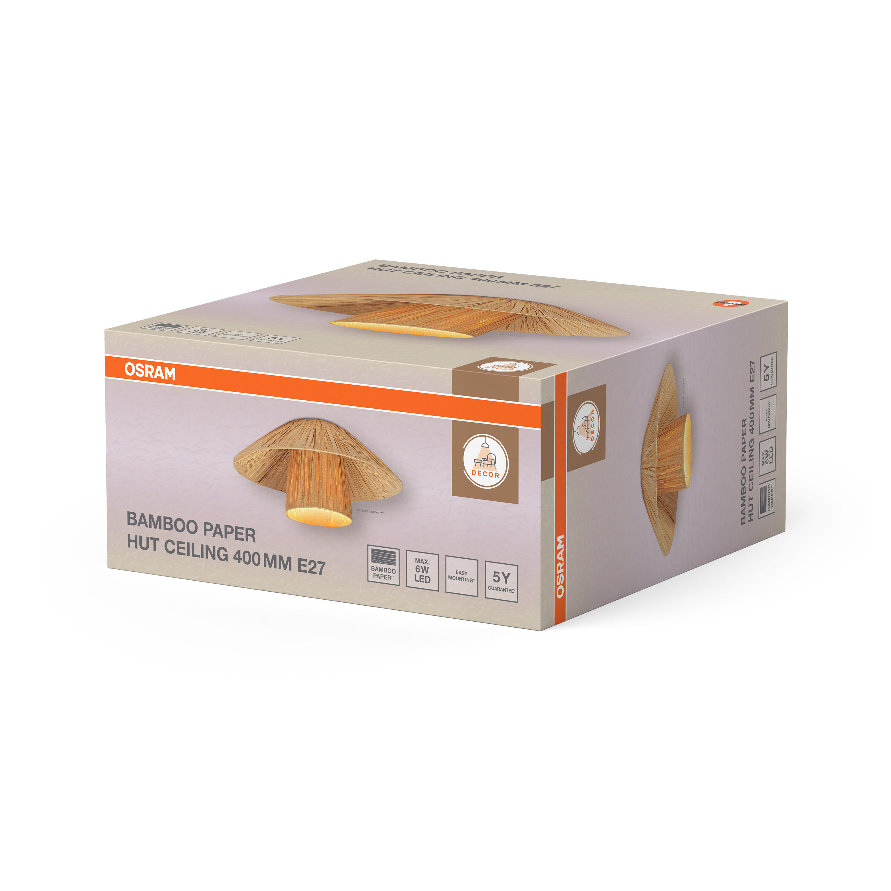 OSRAM Bambuspapier Hut Deckenleuchte 400mm E27, max. 6W LED, 5 Jahre Garantie.