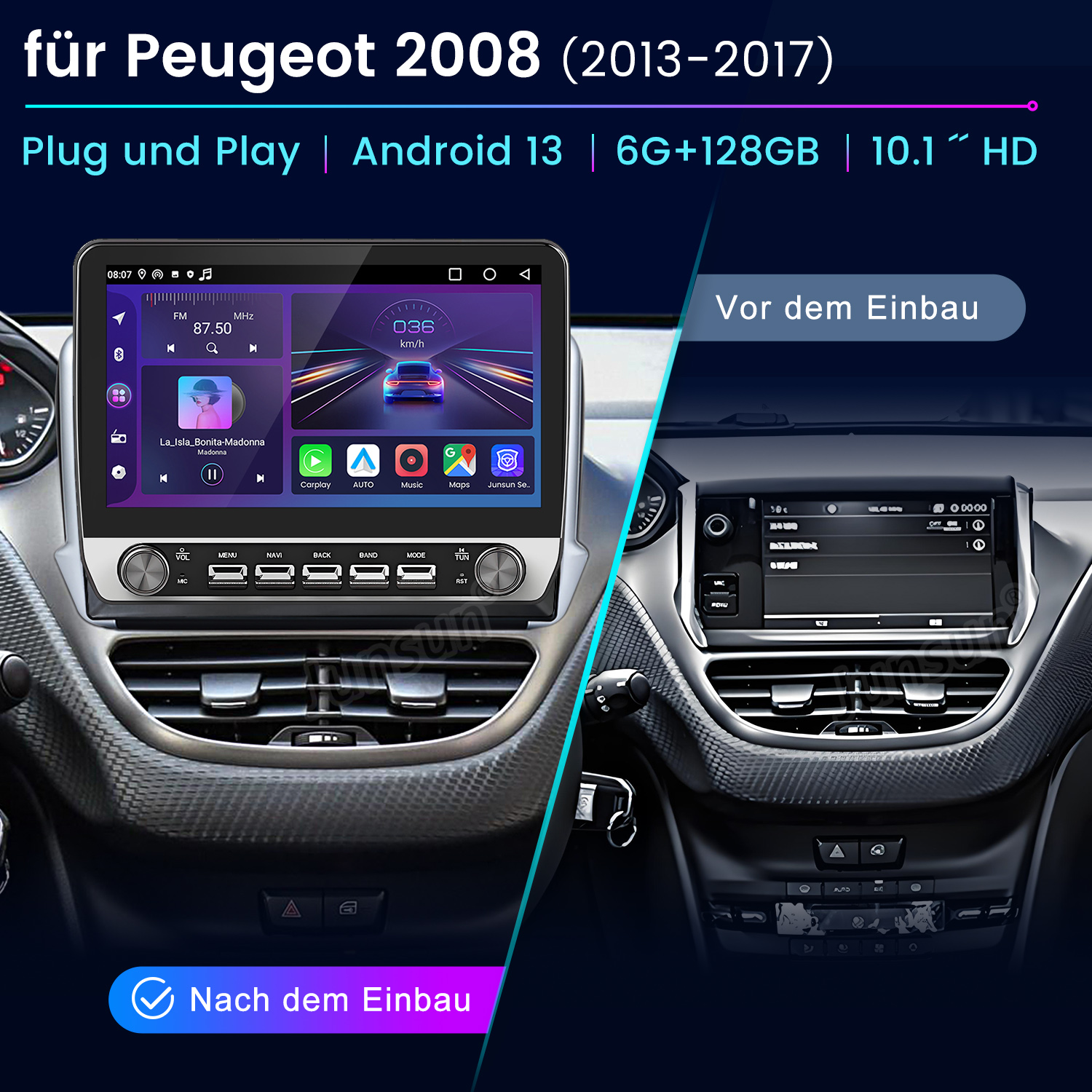 Zwei Bilder eines Autoradios, eins vor und eins nach dem Einbau in einen Peugeot 2008.