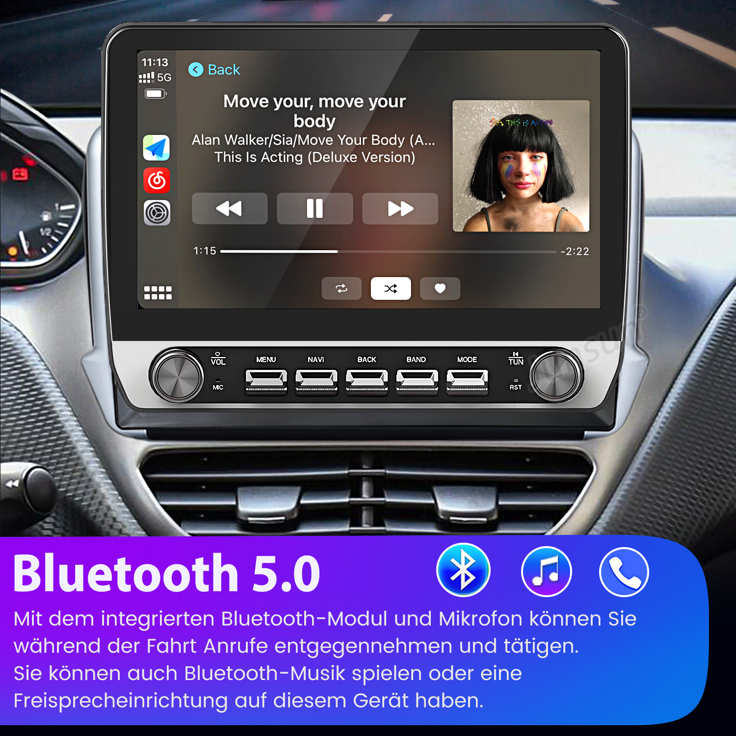 Ein Auto-Infotainment-System zeigt Musikwiedergabe mit Albumcover und Steuerelementen.