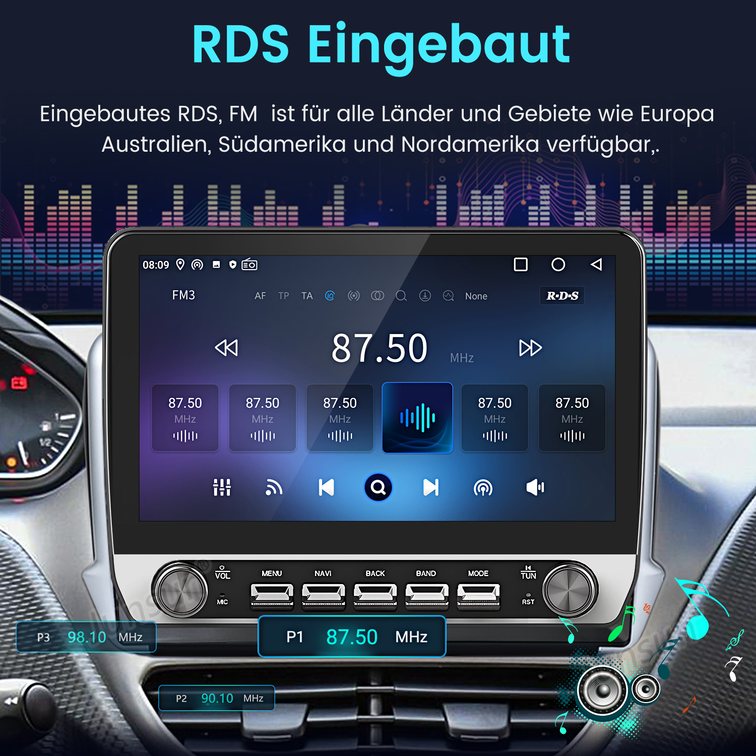 Ein Auto-Infotainment-System mit RDS-FM-Radio und Equalizer-Anzeige.