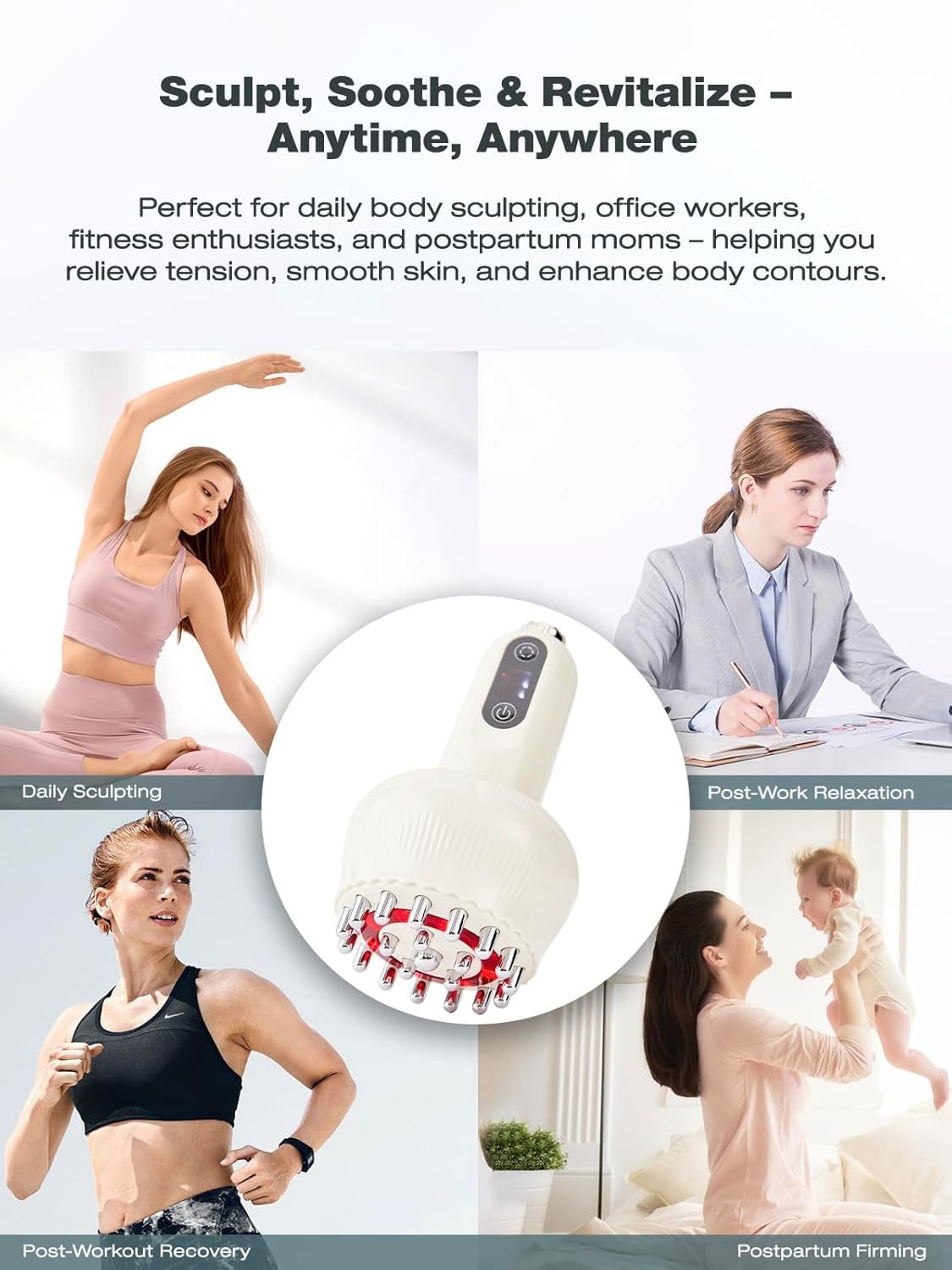 Collage zeigt Frauen beim Yoga, bei der Arbeit, beim Laufen und mit Baby.