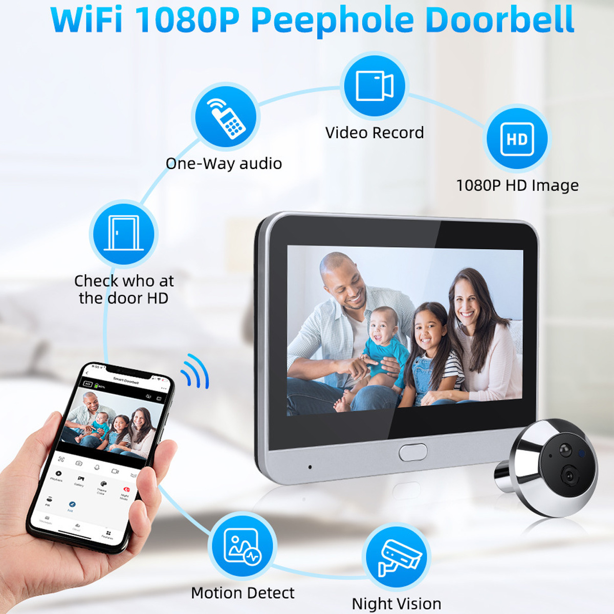 WiFi 1080P Guckloch-Türklingel mit Familie auf dem Bildschirm und Handy.