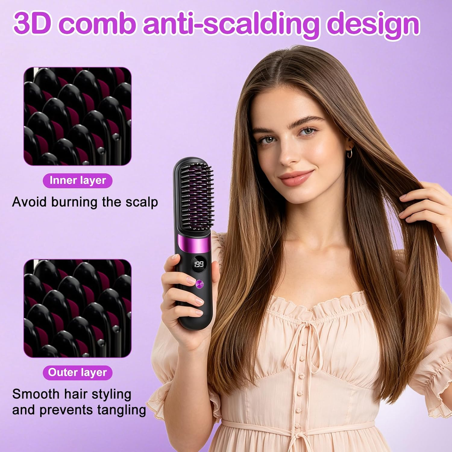 Eine Frau hält einen schwarzen und lila Haarglättungskamm mit 3D-Design.