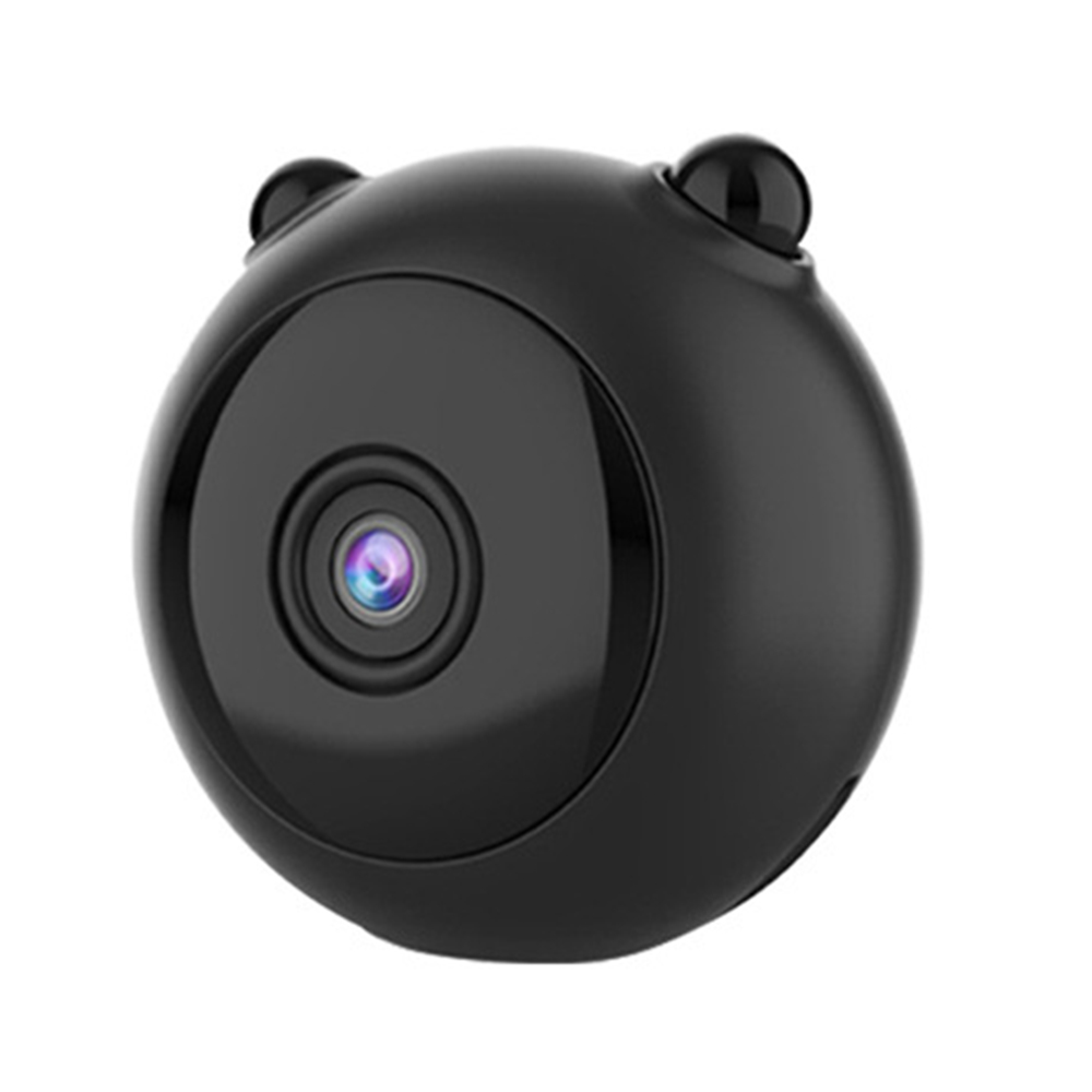 Eine kleine schwarze Kamera mit zwei kleinen runden Ohren, die wie ein Panda aussehen.