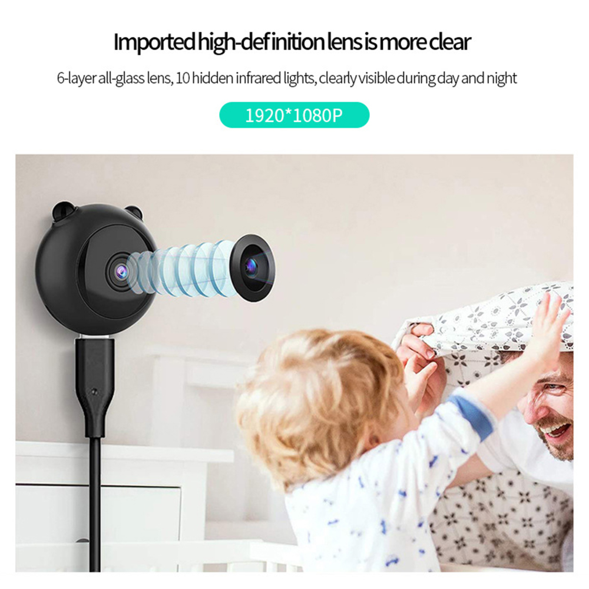 Ein schwarzes Babyphone in Pandaform überwacht einen Vater und ein Kind.