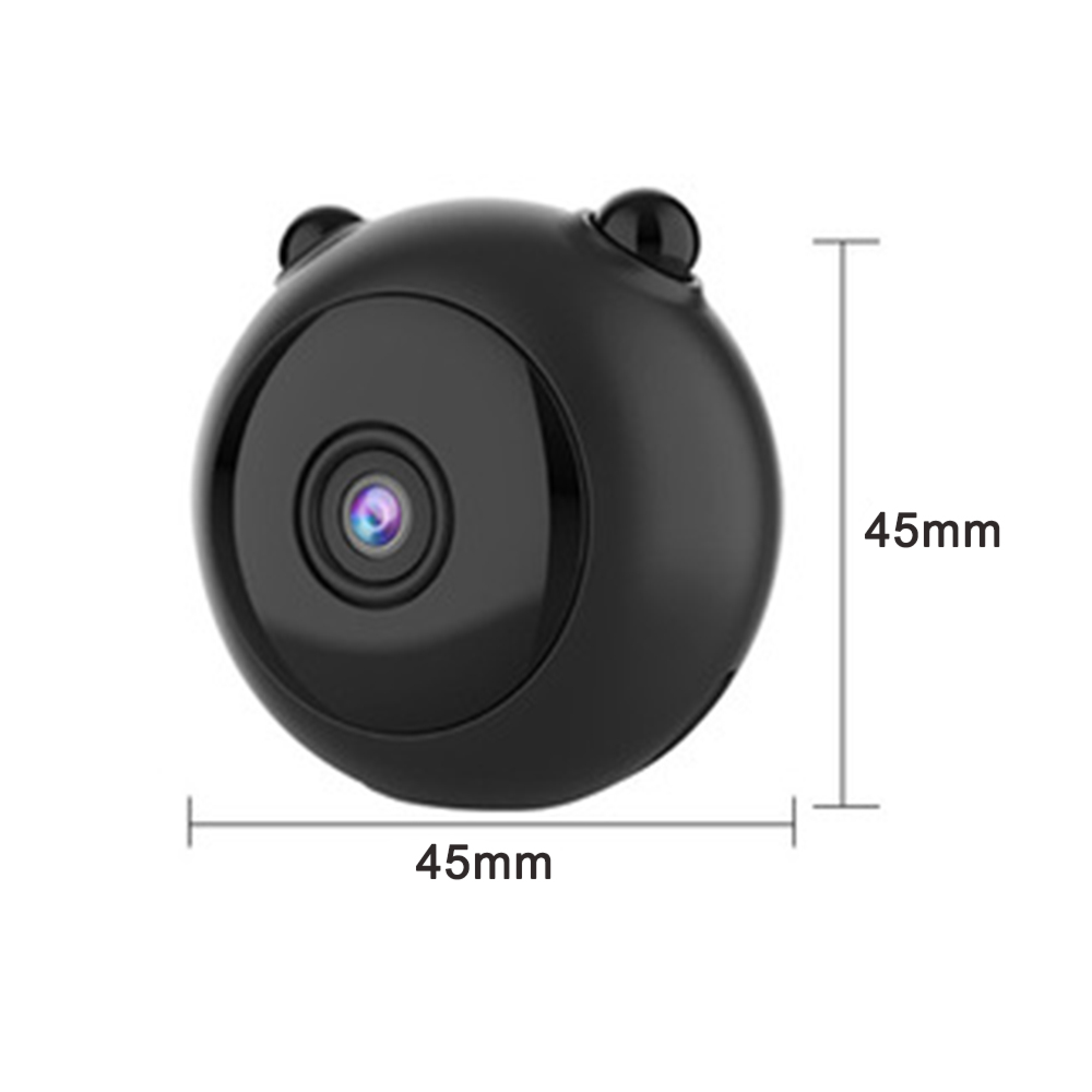 Kompakte schwarze Kamera mit 45mm Maßen und zwei kleinen Ohren oben.