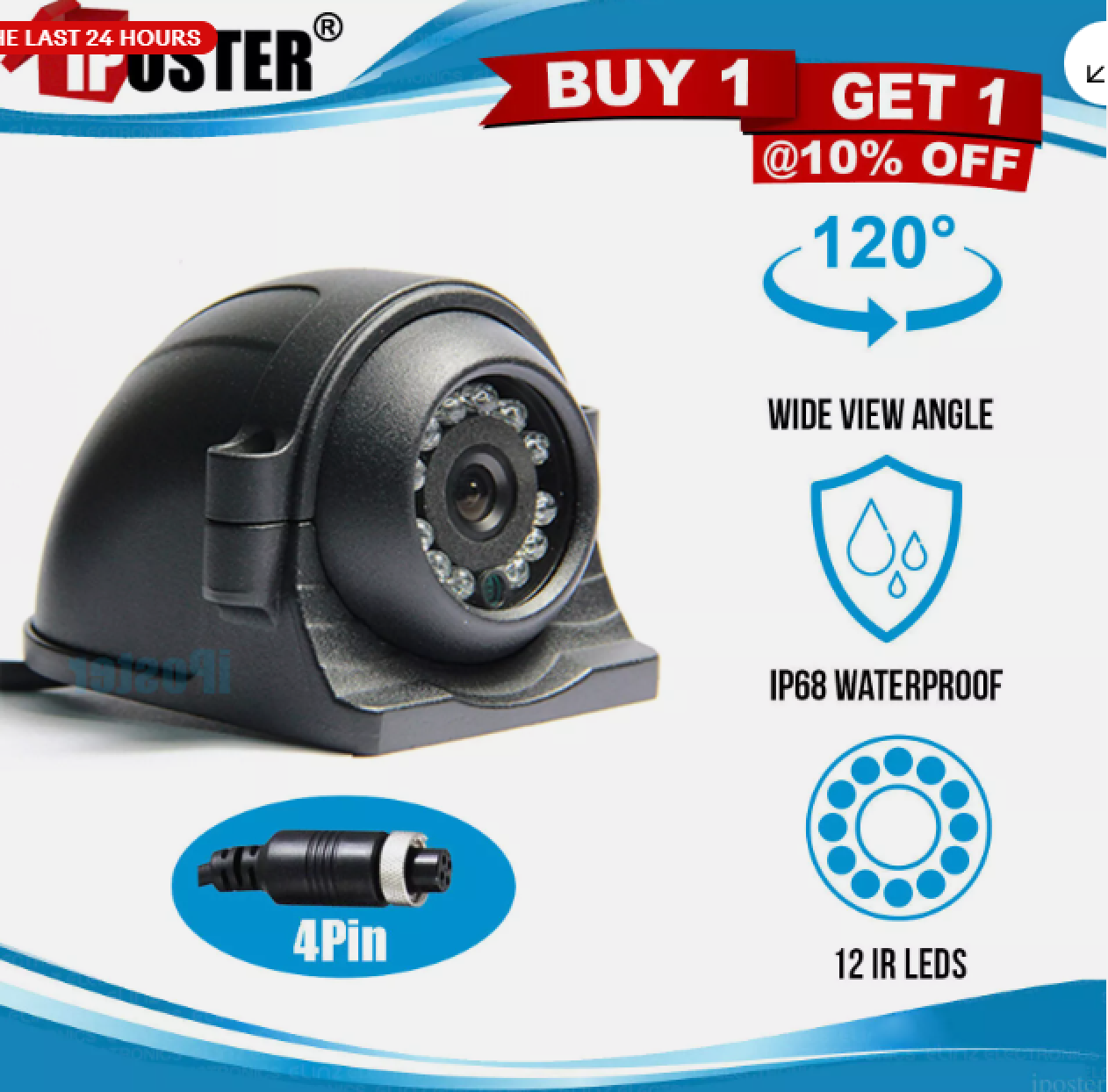 Schwarze Rückfahrkamera mit 120 Grad Weitwinkel, IP68 wasserdicht, 12 IR LEDs.