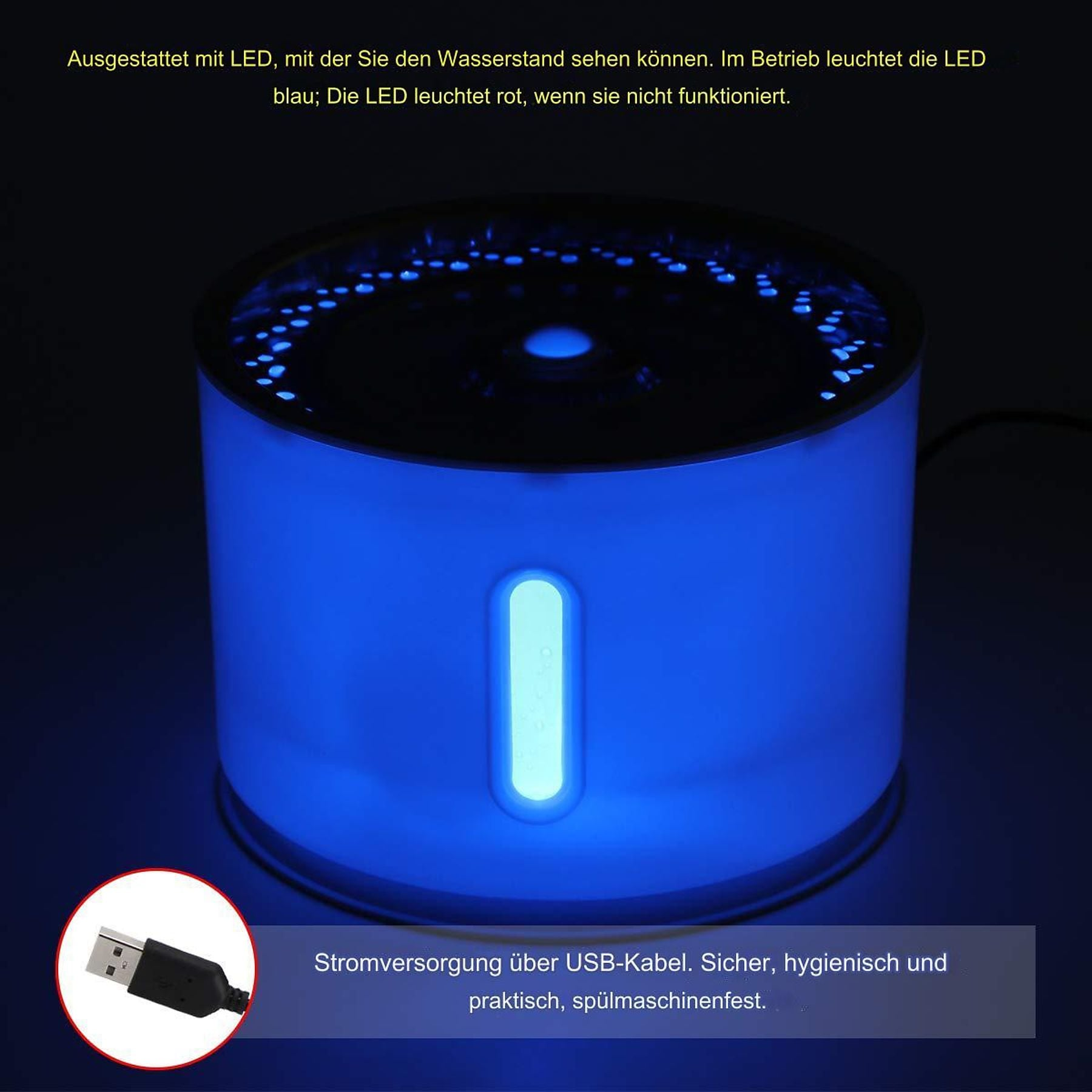 Blauer LED-Brunnen mit USB-Anschluss. Zeigt Wasserstand an.