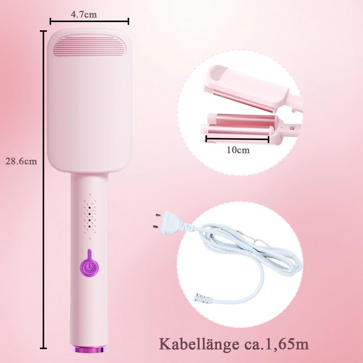 Ein rosa Haarglätter mit Maßen und abnehmbarem Kabel.