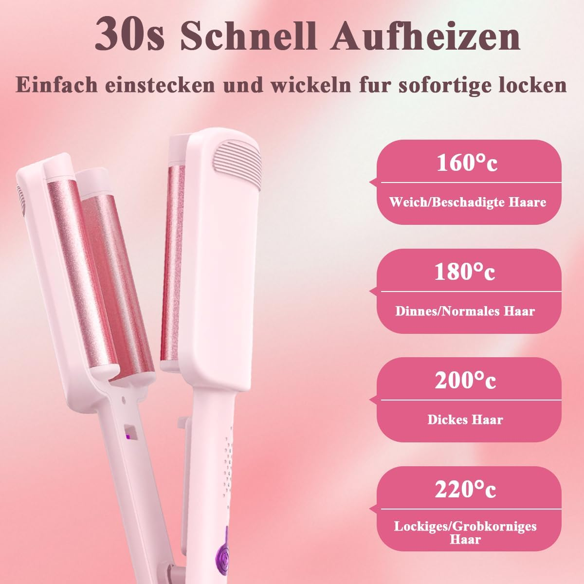 Ein rosa Lockenstab mit vier Temperatureinstellungen für verschiedene Haartypen.