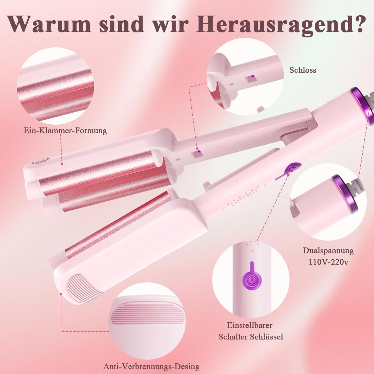 Ein rosa Glätteisen mit Wellenaufsatz, das für die Haarpflege gedacht ist.