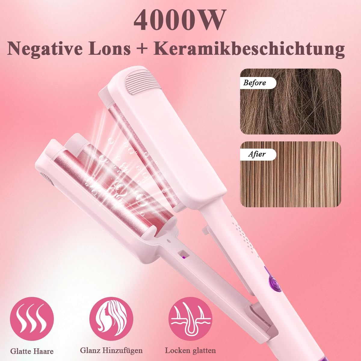 Ein rosa Haarglätter mit 4000W, negativen Ionen und Keramikbeschichtung.