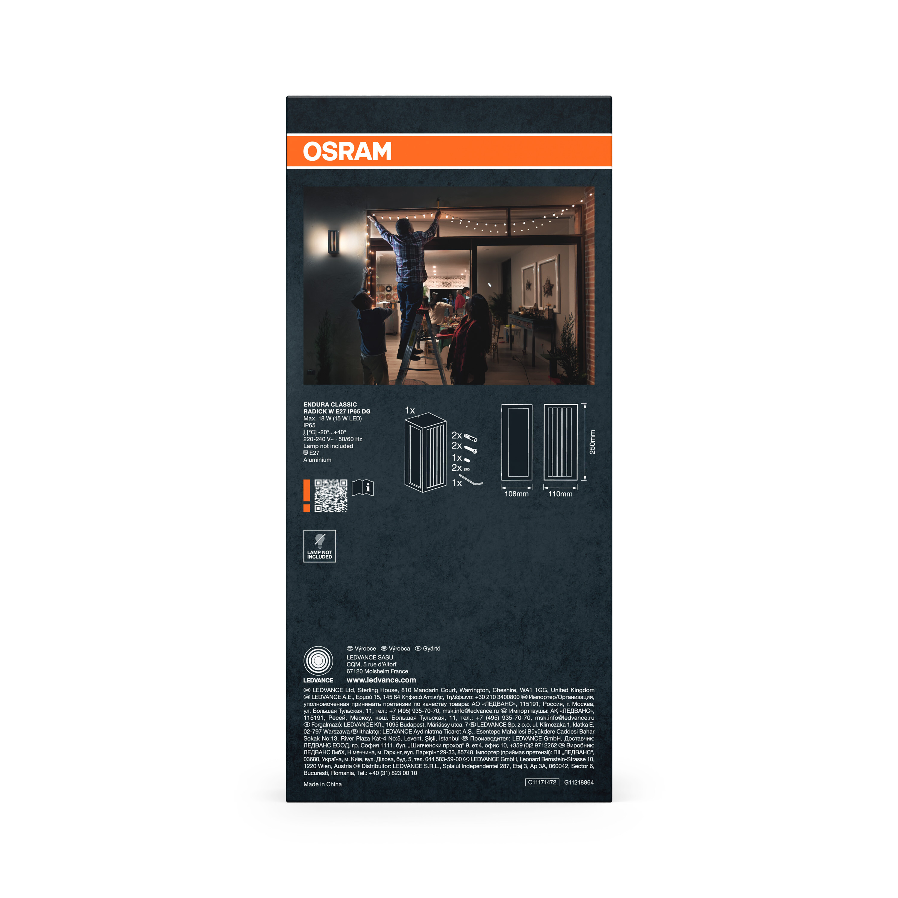OSRAM-Verpackung zeigt Personen, die Lichter aufhängen, und Produktdetails.