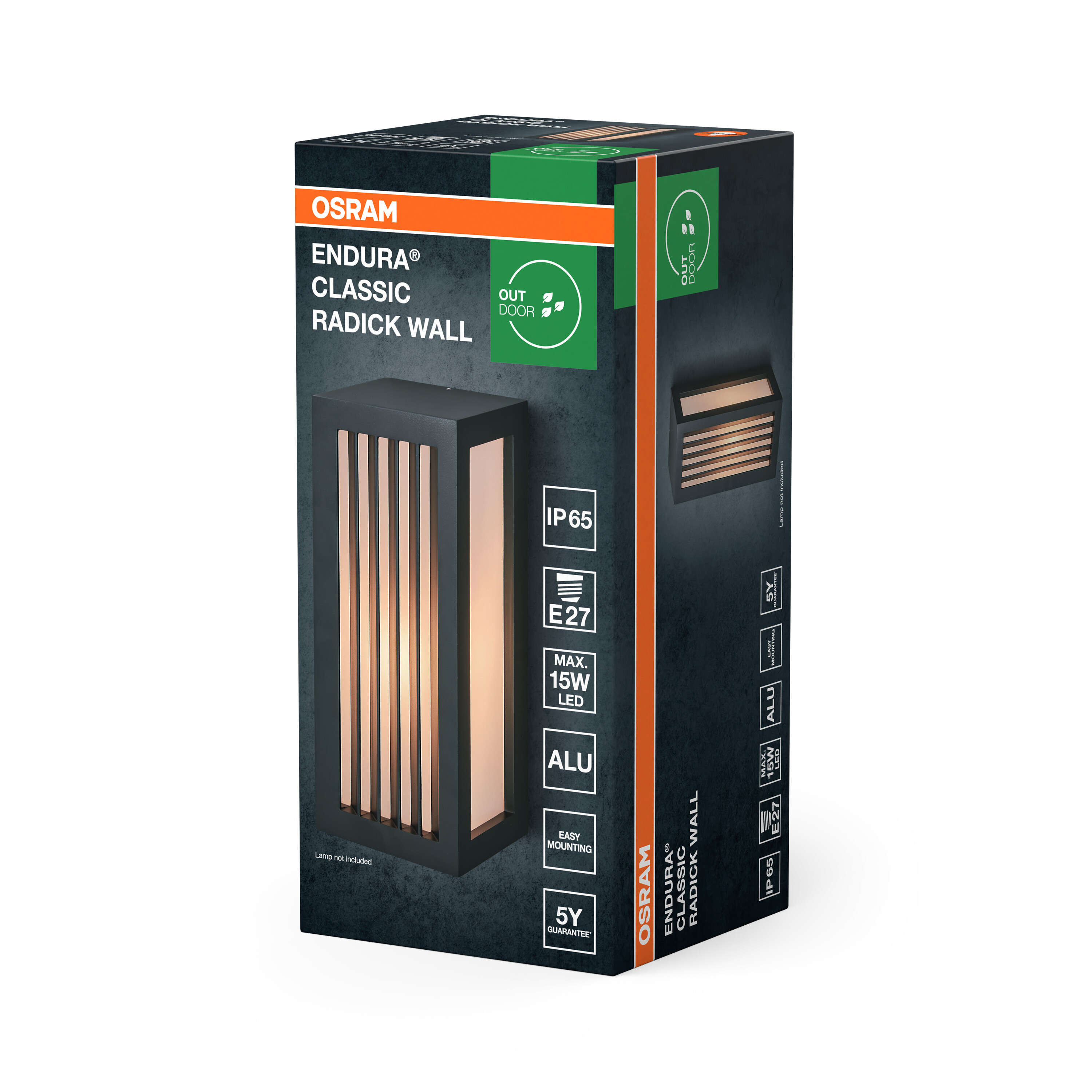 Verpackung für eine Osram Endura Radick Wandleuchte, dunkelgrau mit Kupferakzenten.