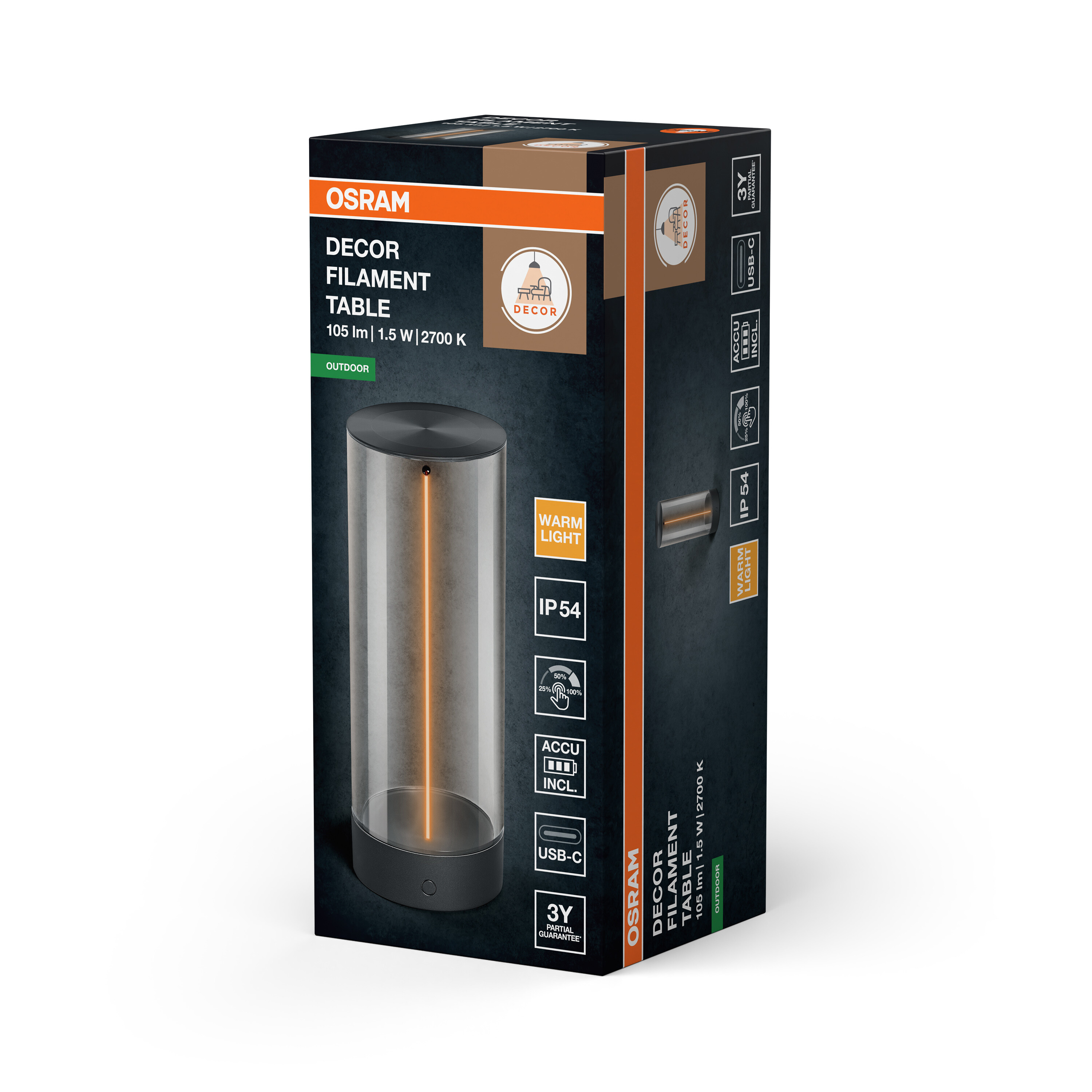 OSRAM Tischlampe mit warmem Licht, USB-C, IP54, 105lm, 1.5W.