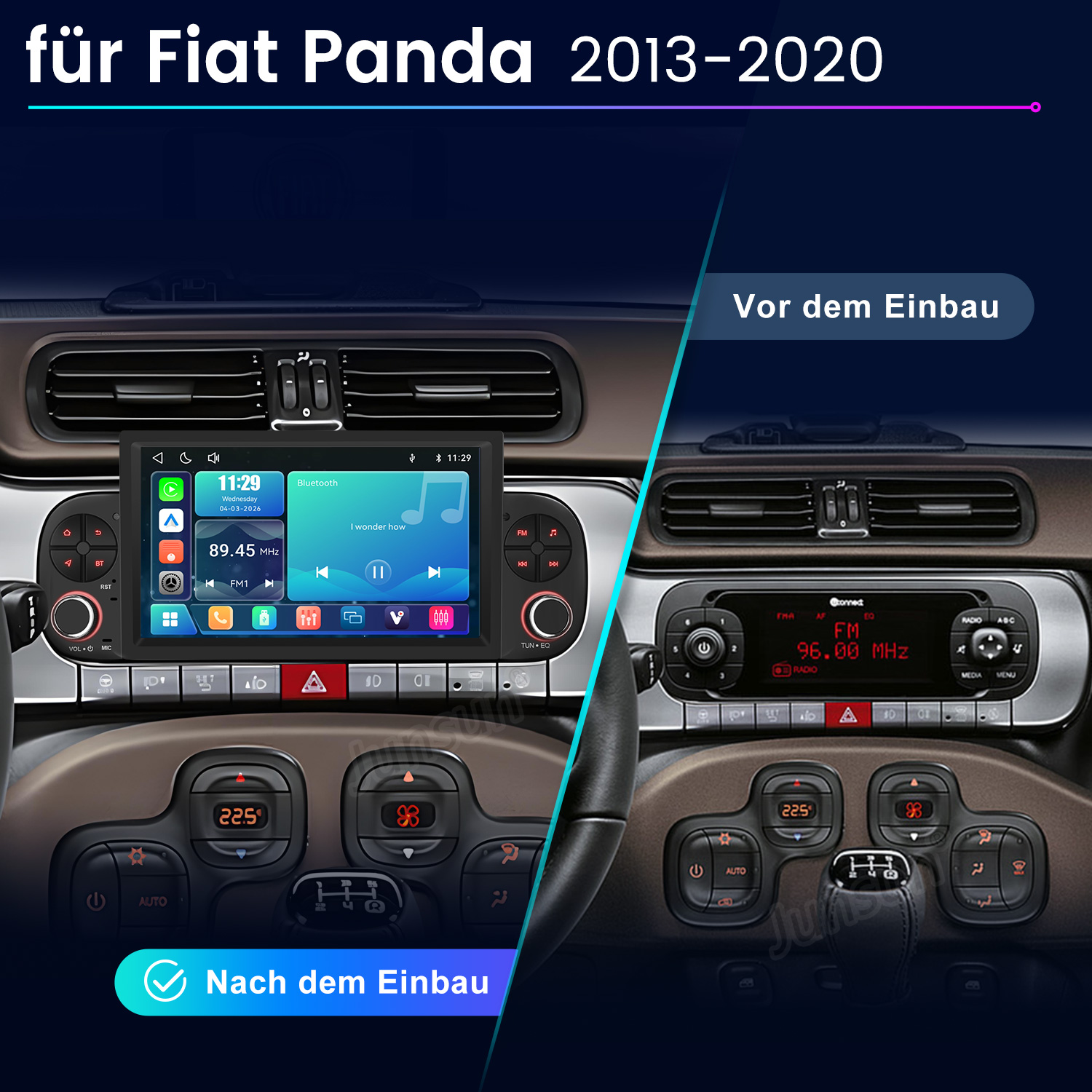 Vergleich eines Fiat Panda Autoradios vor und nach dem Einbau.