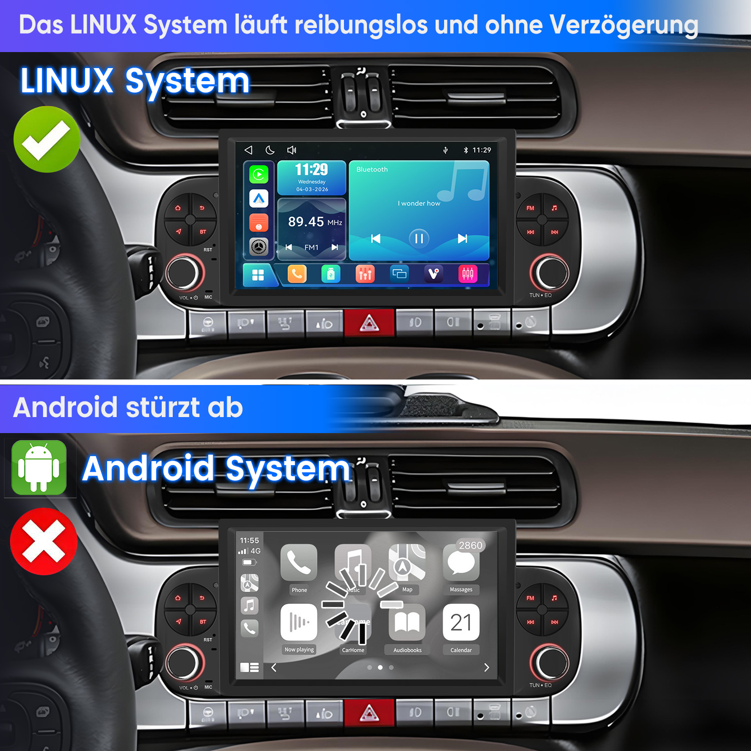 Autoradio-Bildschirme: LINUX vs. Android. LINUX zeigt Uhrzeit, Datum, Radio & Musik. Android zeigt Apps wie Telefon, Musik, Karte.