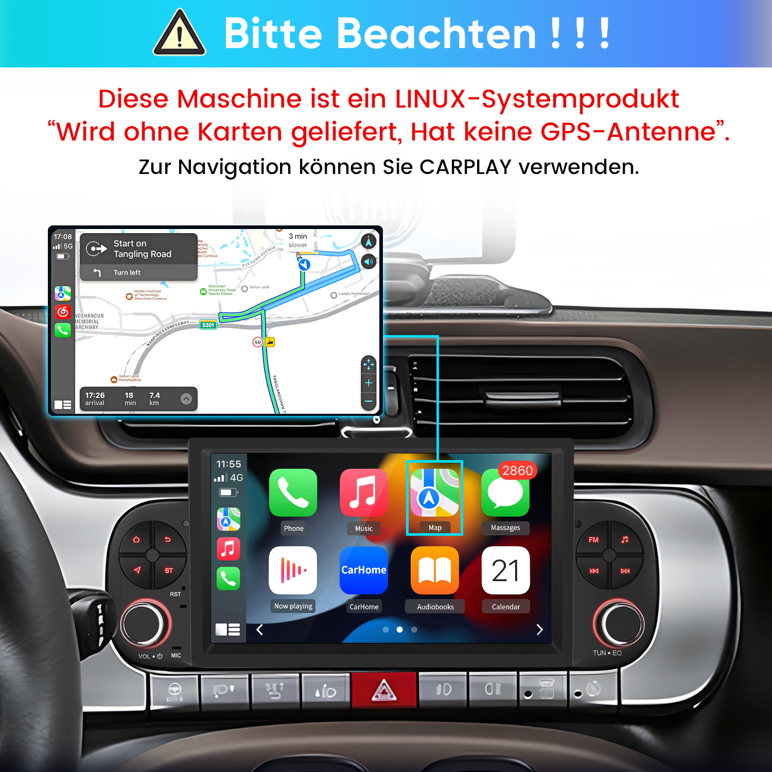 Auto-Infotainmentsystem mit Navigation und Smartphone-Integration (CarPlay).