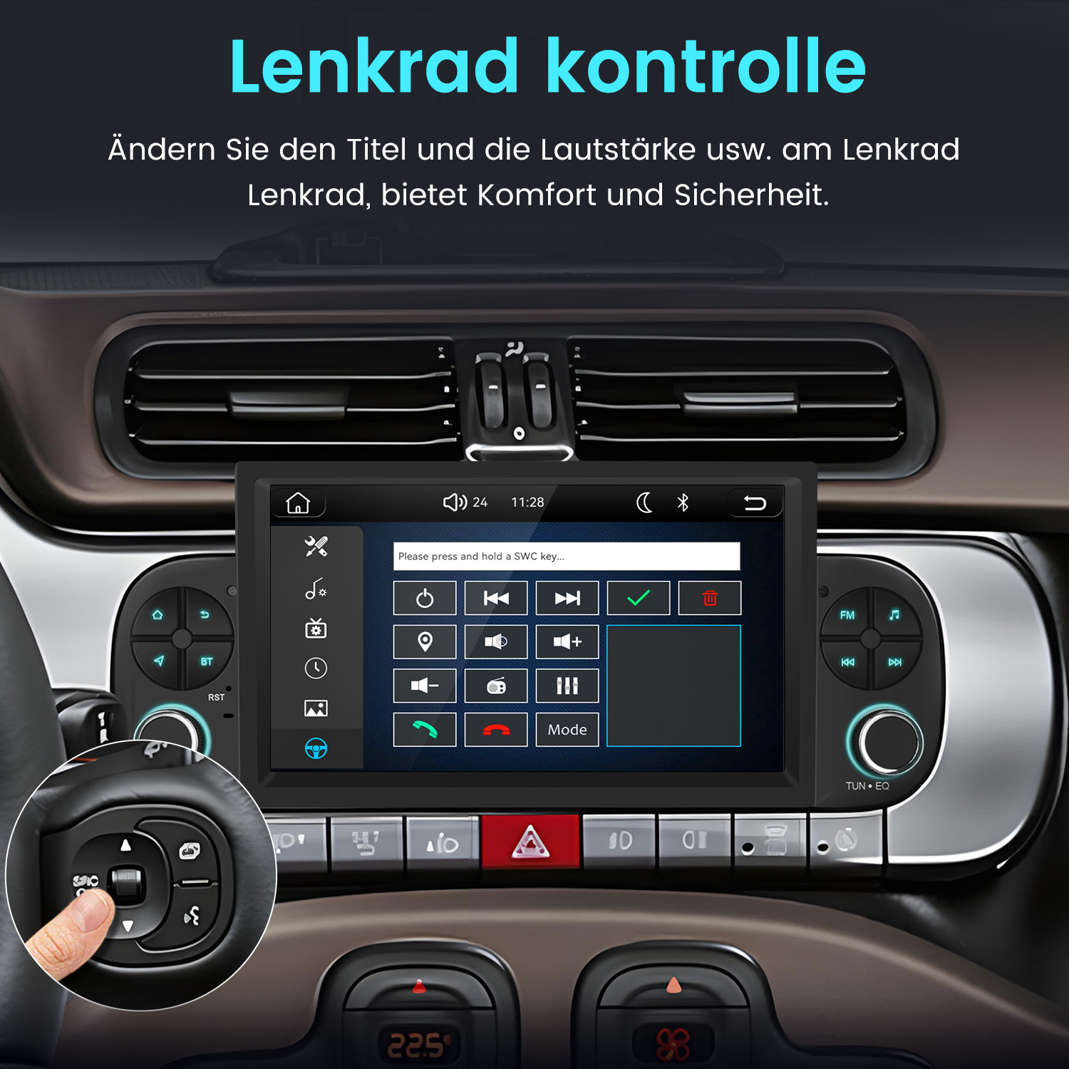 Ein Lenkrad mit einem Touchscreen-Infotainmentsystem im Auto.