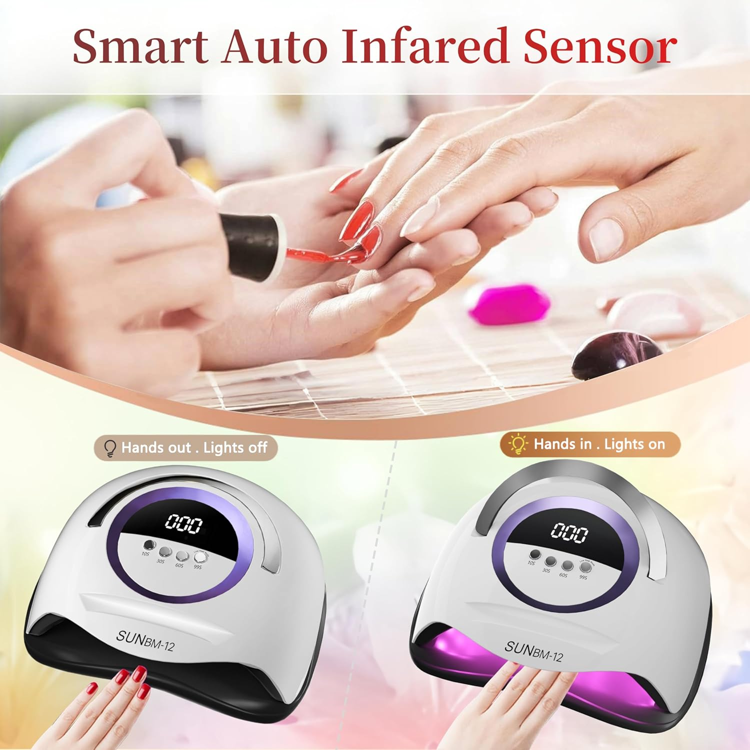 Nagellack wird aufgetragen und eine UV-Lampe mit Sensor.