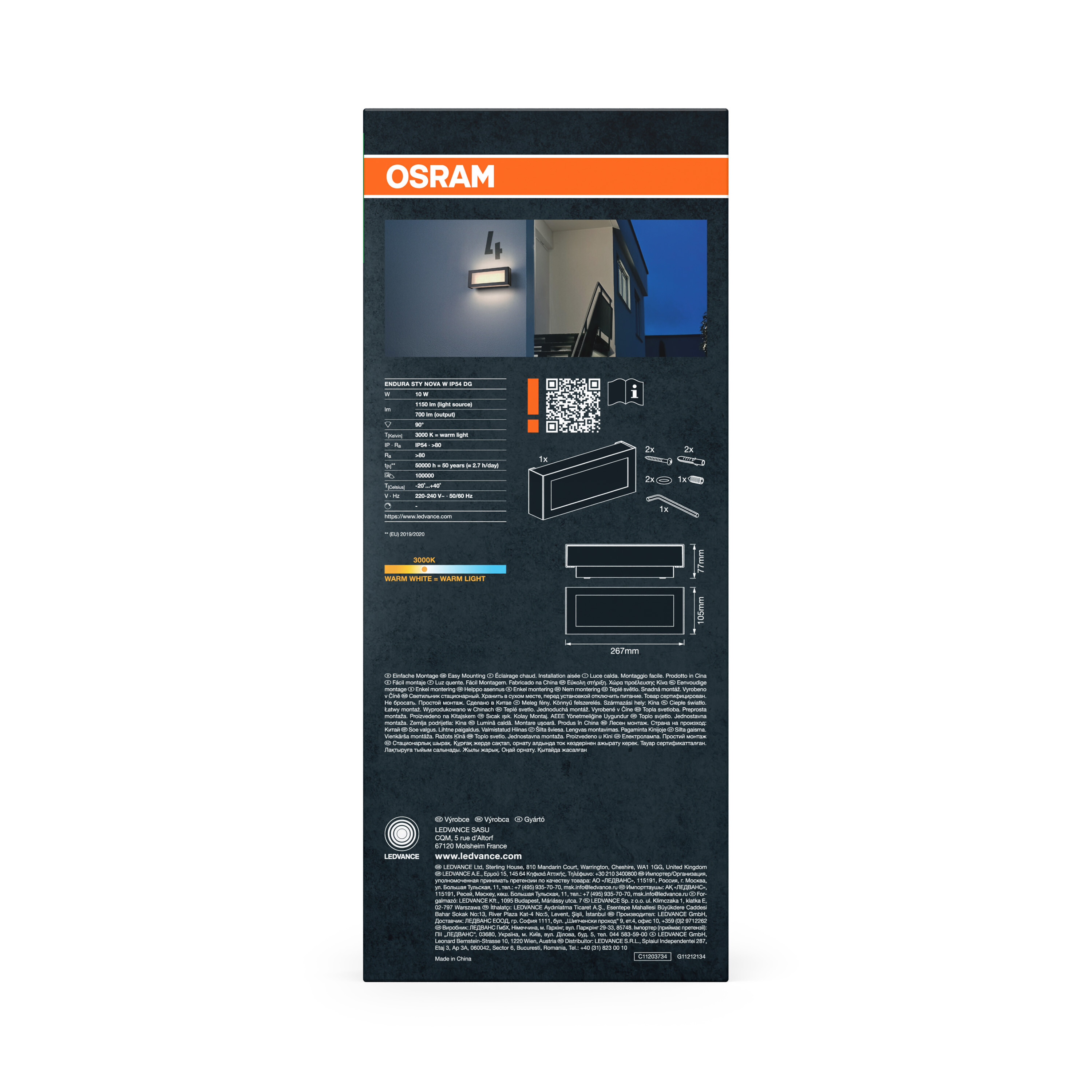 OSRAM: Produktinfo für ENDURA STY NOVA W IP54 DG. Inkl. Maße, Lumen, Farbtemperatur.