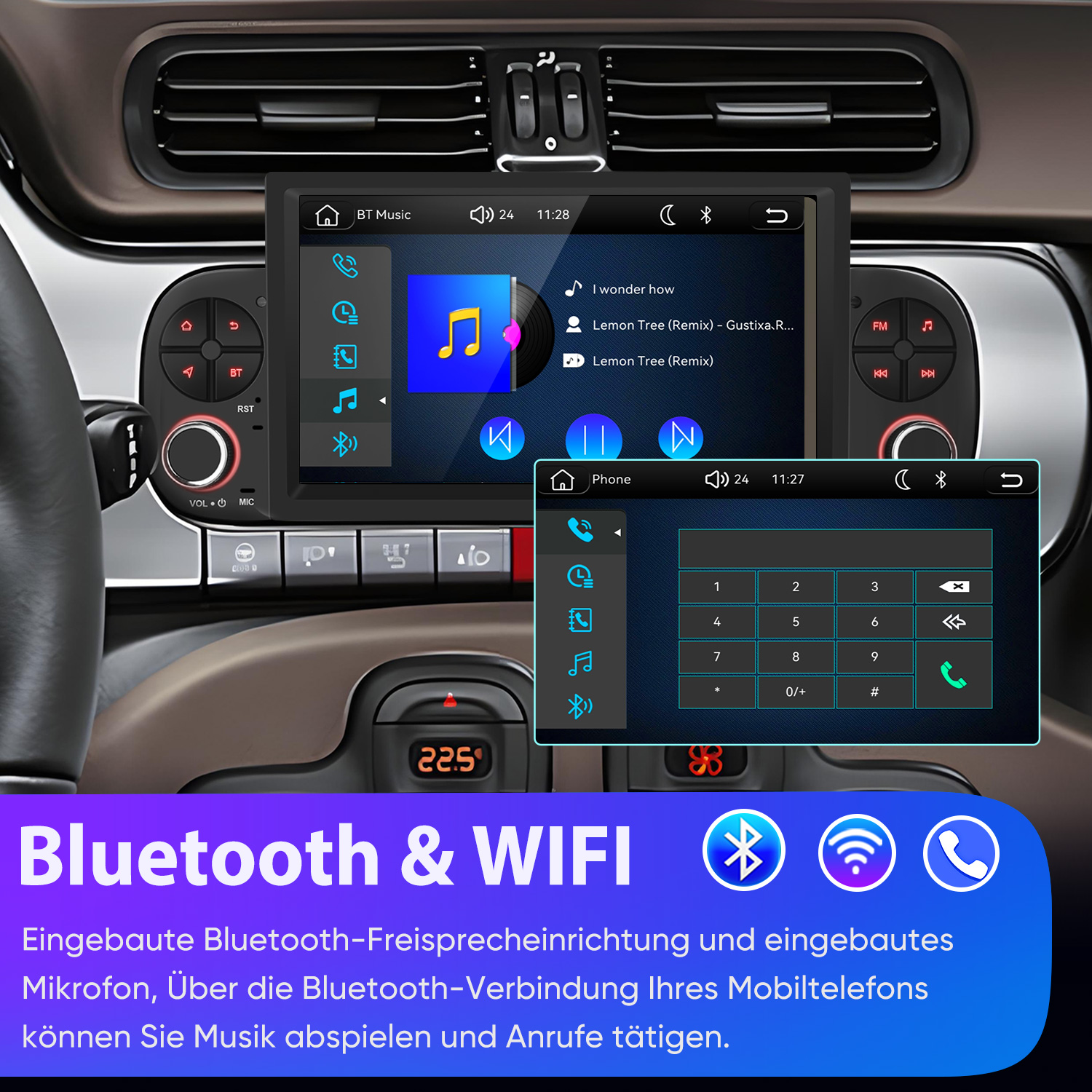 Autoinnenraum mit Touchscreen-Radio, zeigt Musik und Wählfeld. Blaue Textgrafik.