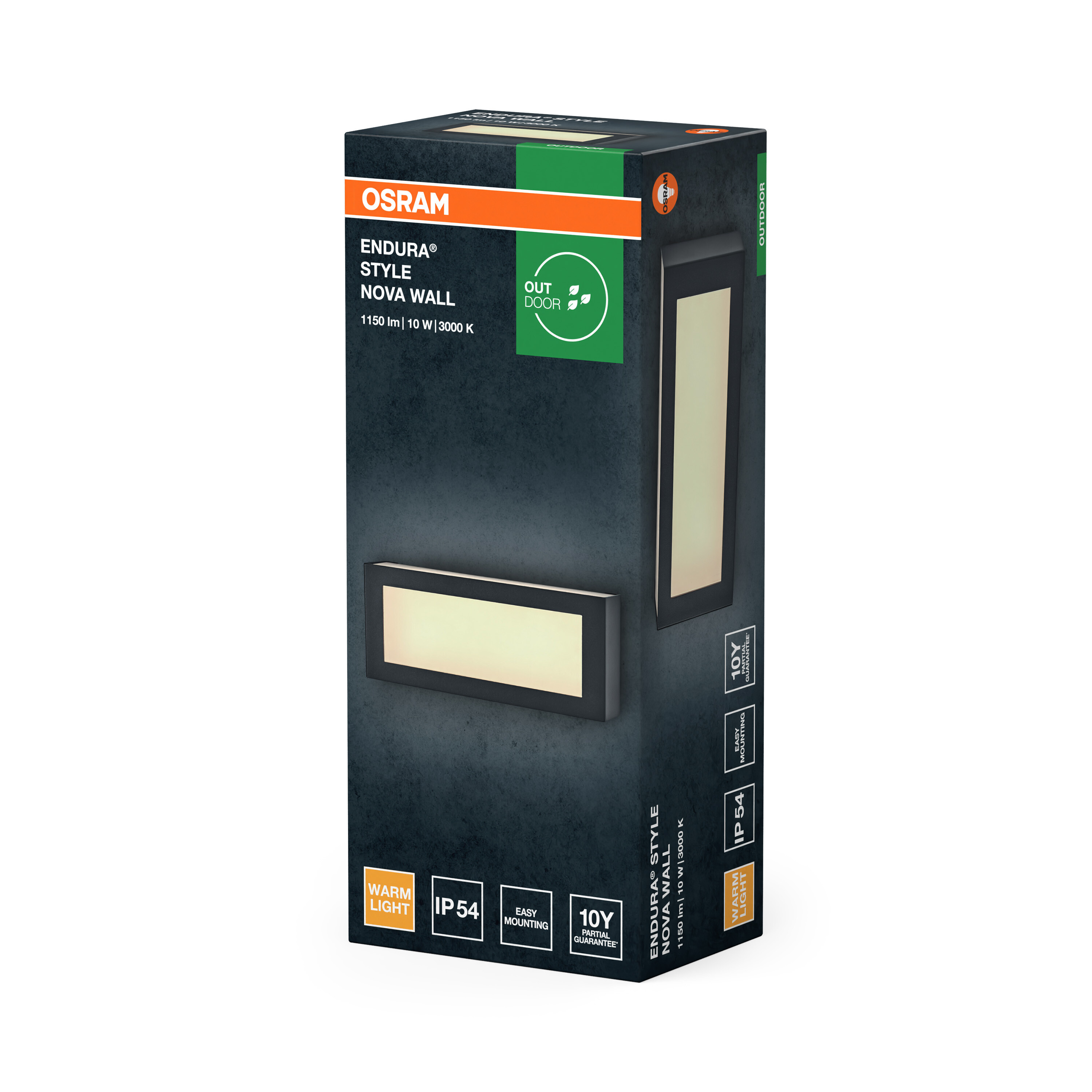 Osram Endura Style Nova Wandleuchte Verpackung mit Details zu Licht, IP54 und Garantie.